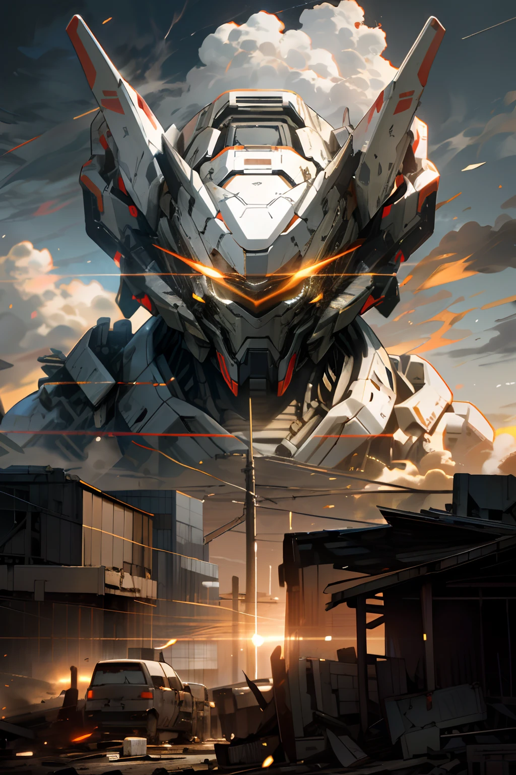 Skysky，​​clouds，Holding_arma，with light glowing，The wreckage of the robot，firey，Gunsmoke buildings，Glowing_Eyes，Mecha，scientific fiction，The end of the world，城市，Realistis，Mecha