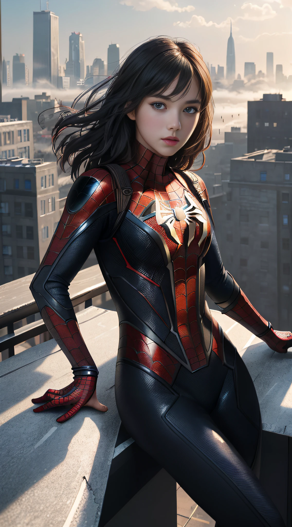 (1girl:1.3), Solo, (((Very detailed face)))), ((Very detailed eyes and face)))), Beautiful detail eyes, Body parts__, Official art, Unified 8k wallpaper, Super detailed, beautiful and beautiful, beautiful, masterpiece, best quality, original, masterpiece, super fine photo, best quality, super high resolution, realistic realism, sunlight, full body portrait, amazing beauty, dynamic pose, delicate face, vibrant eyes, (from the front), She wears Spider-Man suit, red and black color scheme, spider, very detailed city roof background, rooftop, overlooking the city, detailed face, detailed complex busy background, messy, gorgeous, milky white, highly detailed skin, realistic skin details, visible pores, clear focus, volumetric fog, 8k uhd, DSLR, high quality, film grain, fair skin, photo realism, lomography, futuristic dystopian megalopolis, translucent