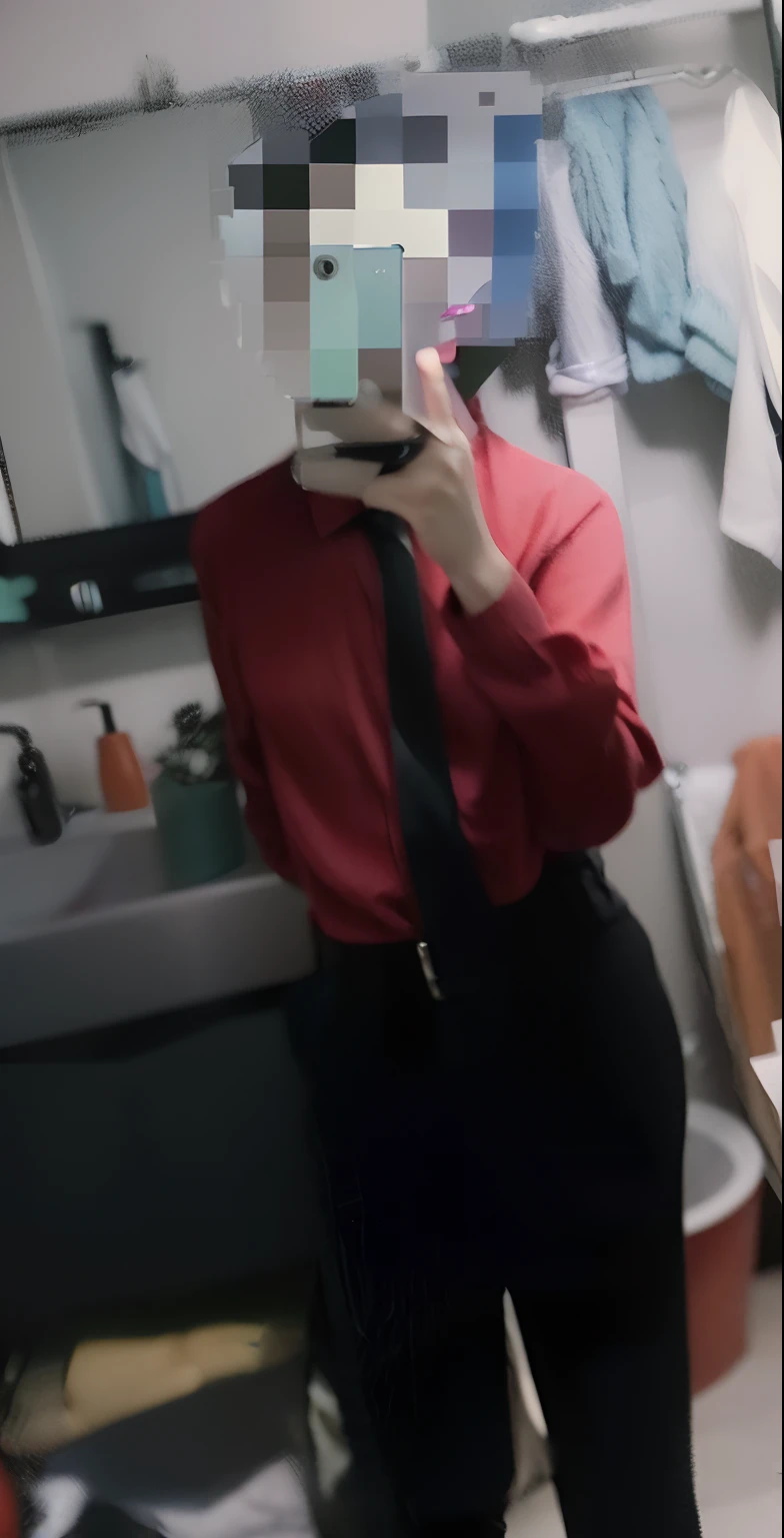 There is a woman taking a selfie in the bathroom mirror, wearing red attire, Red shirt, Red clothes, Red Uniform, Red tie, wearing a black and red suit, wearing red formal attire, wearing red clothes, red and black suit, Red suit, red and black costume!!!, Red and black color, wearing red attire, Sexy red and black uniforms