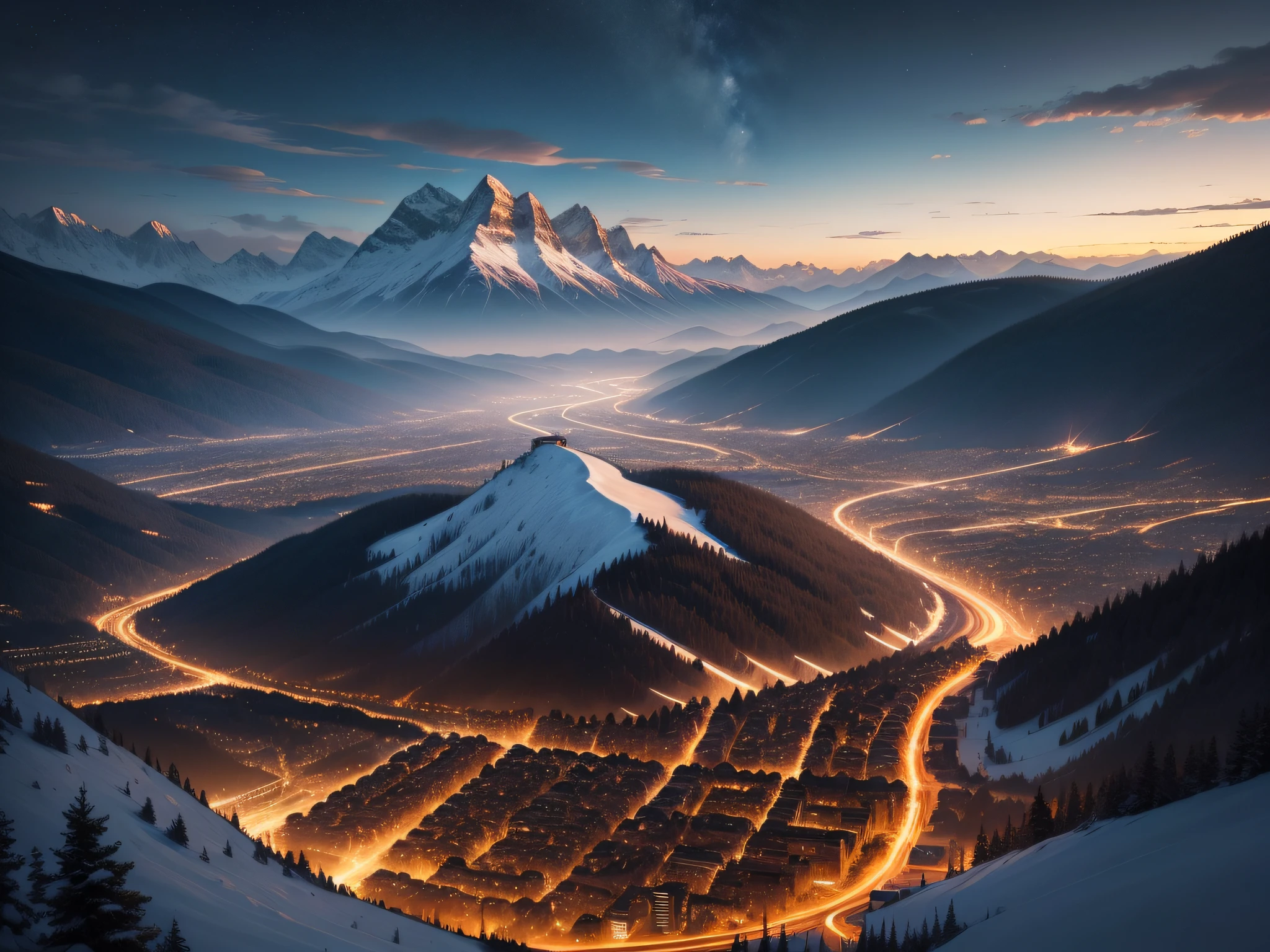 Mountain Panoramas: High vantage points overlooking a city or landscape at night offer a unique perspective, with city lights or distant settlements twinkling below.