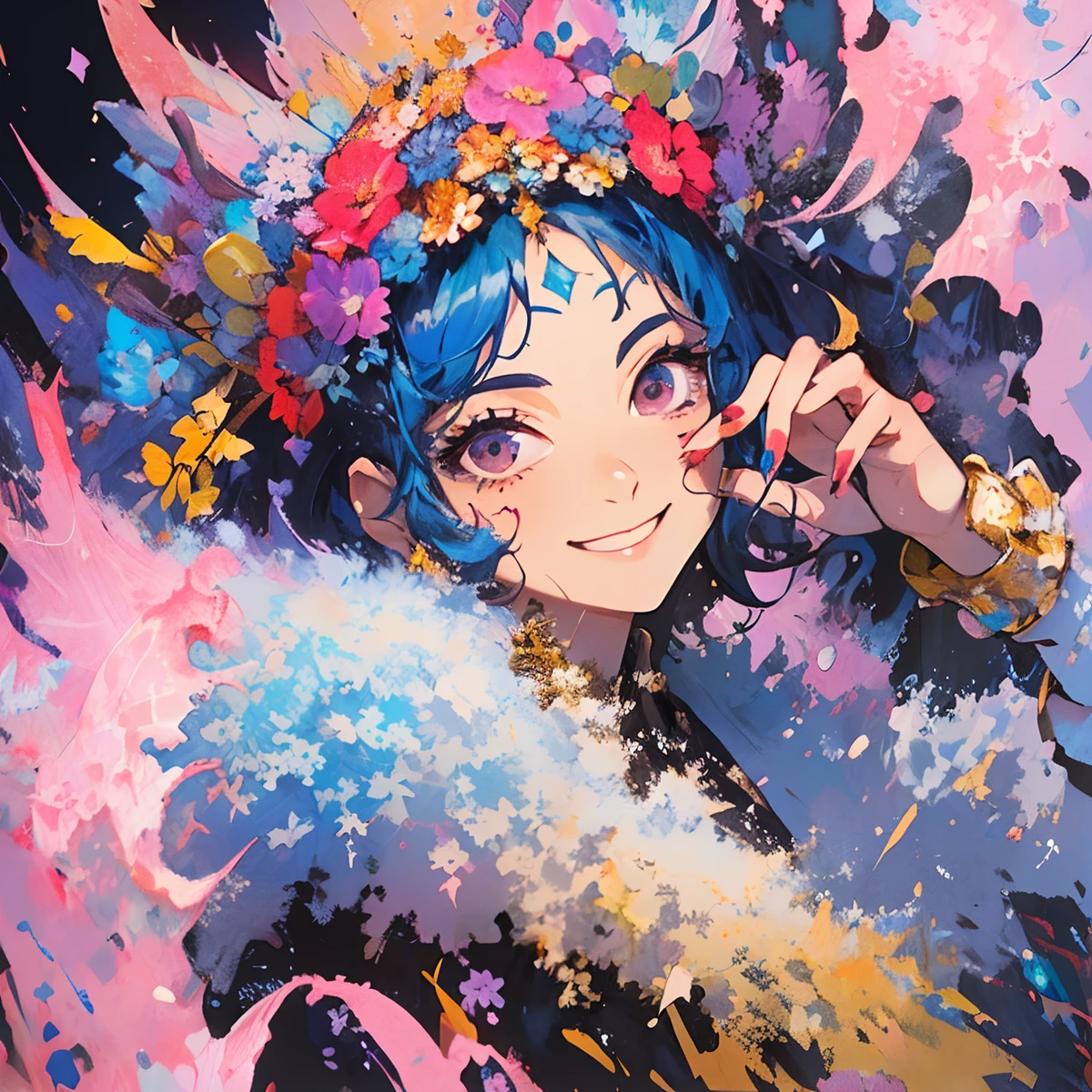 ((flowercrown)),Contemporary art created by tracing traces of colorful ink、​masterpiece、ultra-detailliert、pop-art、innocent smiles、eye glass、(1 girl, Solo:1.6),(Cute smile), (Best Impact:1.5), (maximalism:1.7), Vivid contrast, (Realistic), hyperrealistic illustrations, hight resolution, ultra-detailliert, absurderes,(Fractal Art:1.3)、One Piece Appearance、Random hairstyle、Random hair color colorful、FULL BODYSHOT、Retro、Precise focus、randome pose、cinema4d、Drama