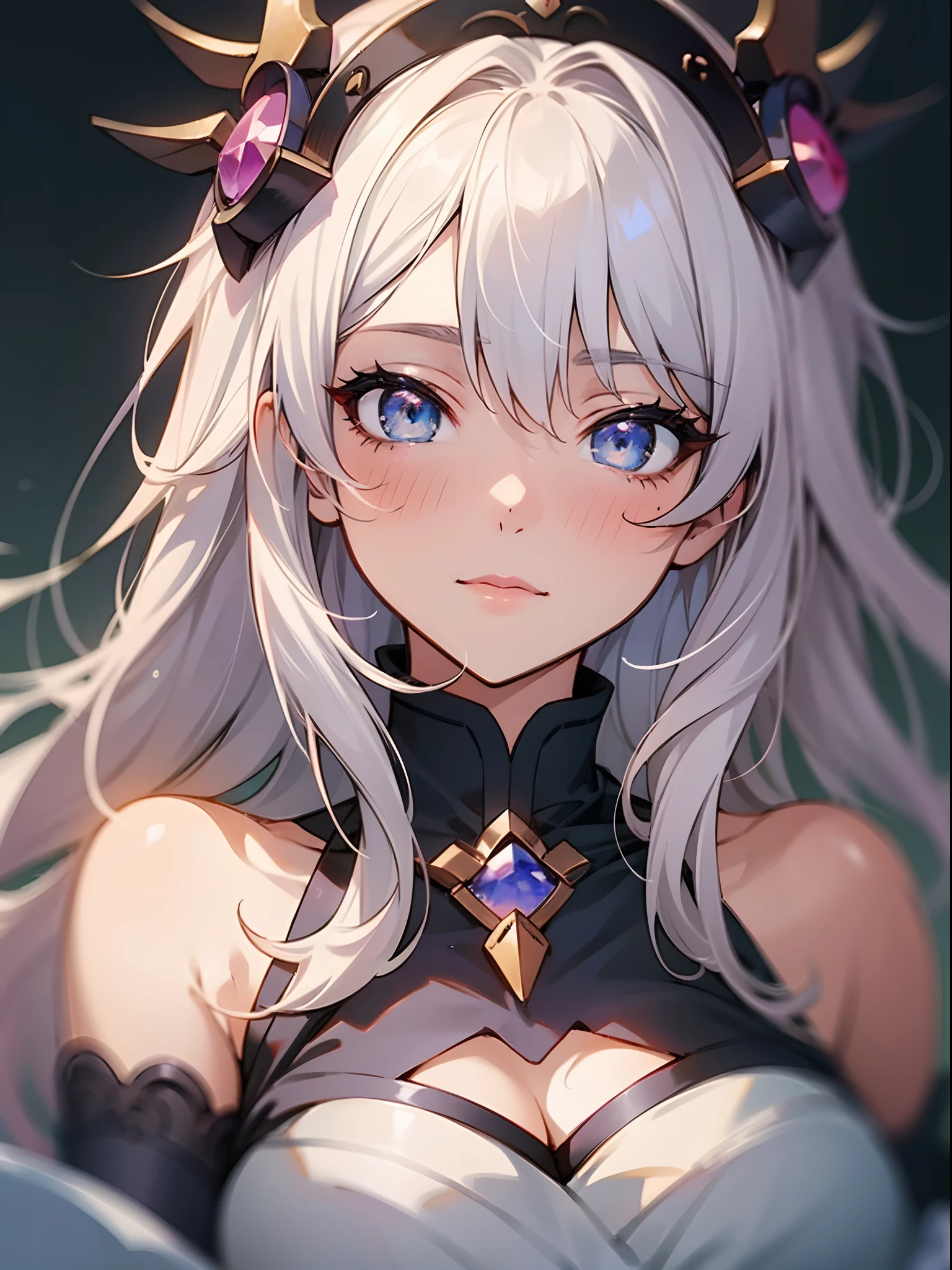 Close-up of face,Diagonal angle., complex details beautiful and delicate eyes, anime girl with long white hair and blue eyes posing for a picture, shadowverse style, smooth anime cg art, sayori, detailed digital anime art, guweiz, sui ishida art manga, shadowverse, official artwork, pixiv style, detailed anime artwork, artbook artwork, seductive anime girl, sougetsu, detailed anime character art, waifu