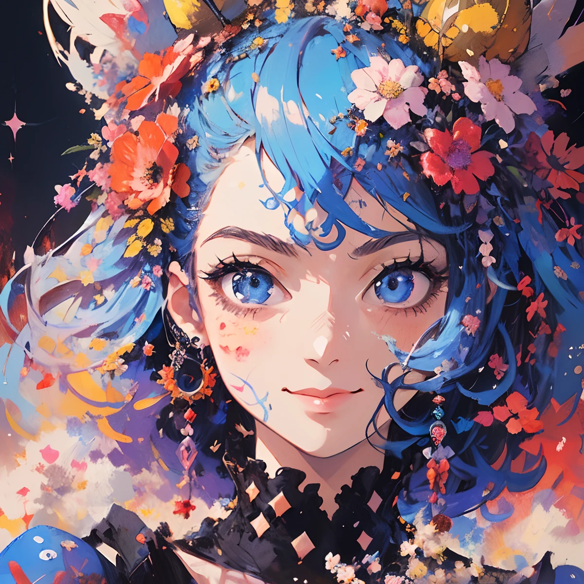 ((flowercrown)),Contemporary art created by tracing traces of colorful ink、​masterpiece、ultra-detailliert、pop-art、innocent smiles、eye glass、(1 girl, Solo:1.6),(Cute smile), (Best Impact:1.5), (maximalism:1.7), Vivid contrast, (Realistic), hyperrealistic illustrations, hight resolution, ultra-detailliert, absurderes,(Fractal Art:1.3)、One Piece Appearance、Random hairstyle、Random hair color colorful、FULL BODYSHOT、Retro、Precise focus、randome pose、cinema4d、Drama