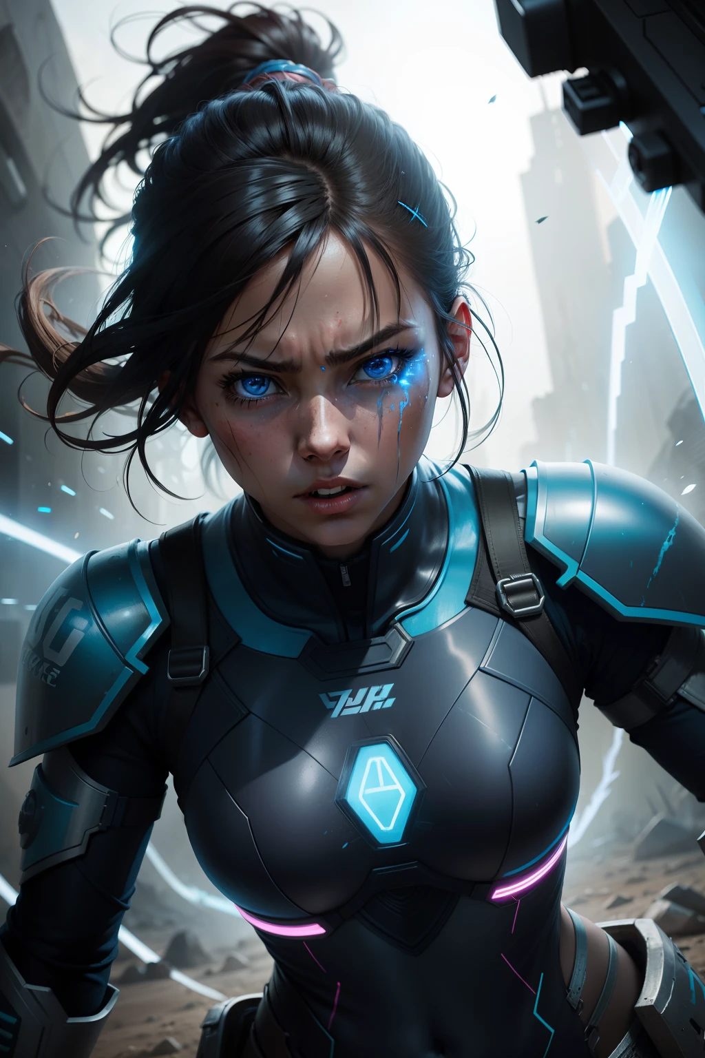 a young female warrior with blue neon sci-fi suit bleeding while in battle, determined expression, highly detailed, high resolution, hyperrealistic, cinematic