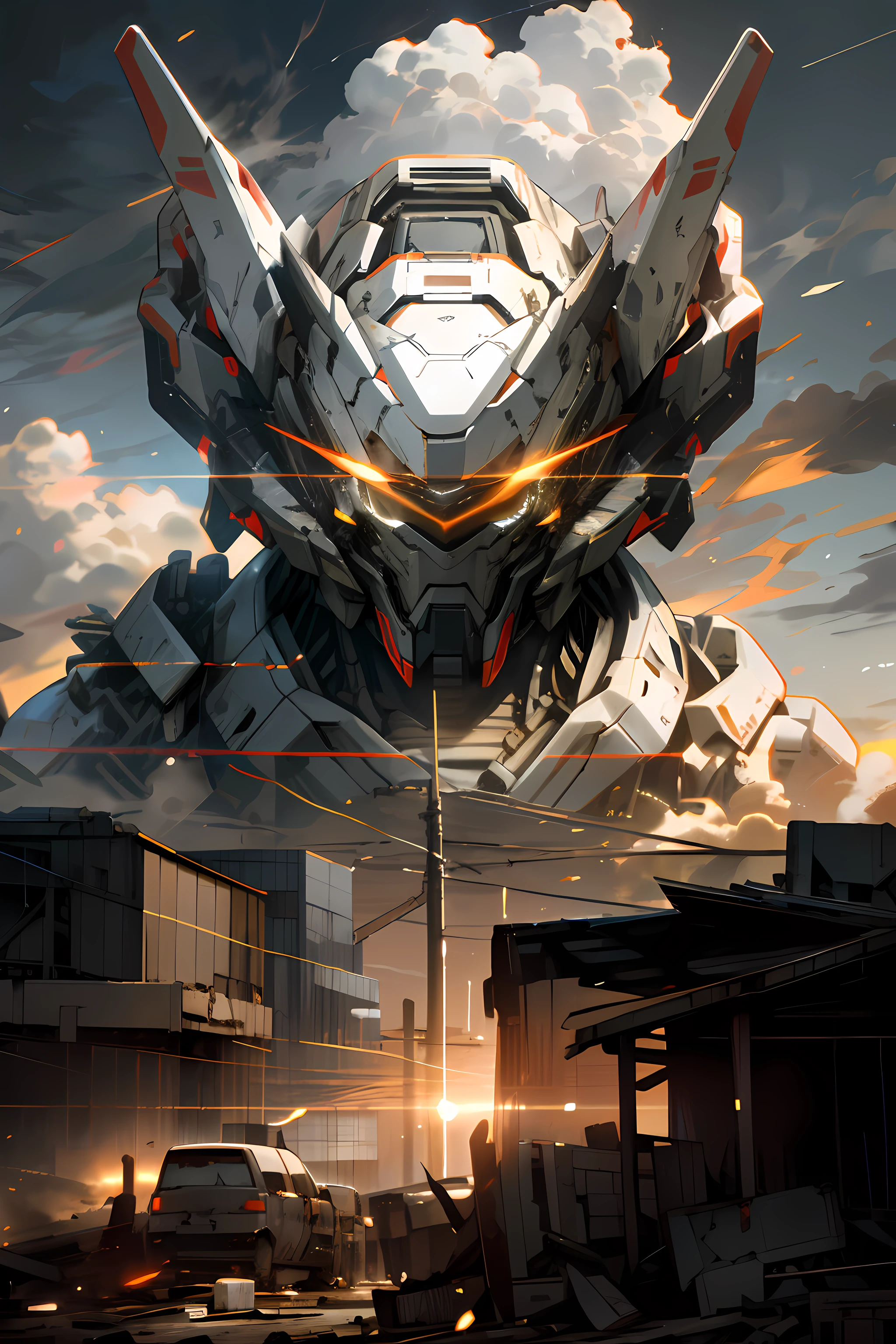 Skysky,clouds,Holding_arma,with light glowing,The wreckage of the robot,firey,Gunsmoke buildings,Glowing_Eyes,Mecha,scientific fiction,The end of the world,城市,Realistis,Mecha