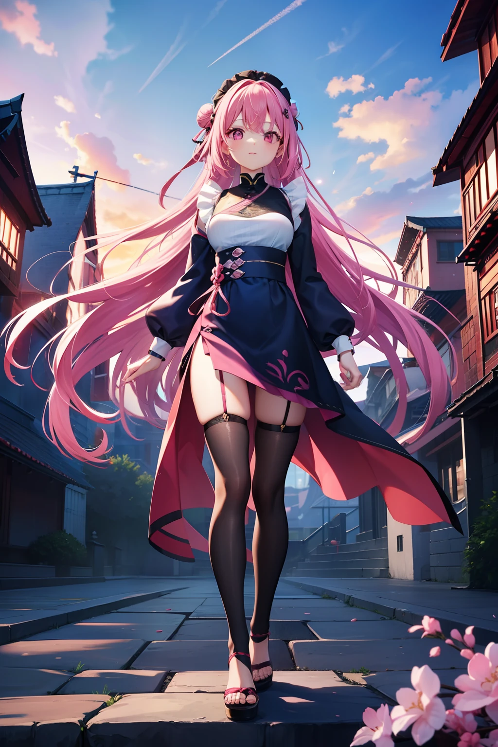 semi-long hair of dark pink color,, Bun on the right side, No headdress, Cute dark pink eyes