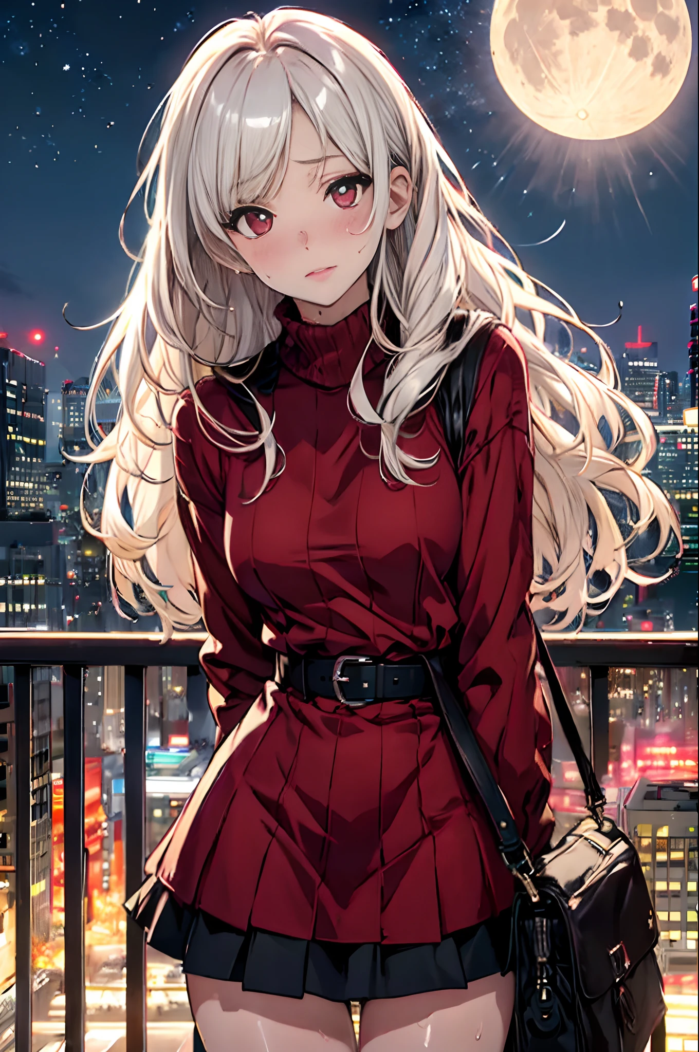 (masutepiece, of the highest quality, Best Quality, Official art, Beautiful and aesthetic:1.2), (1girl in:1.3), (Fractal Art:1.3),Absurd, masutepiece, Best Quality, Realistic, ultra-detailliert, (Shiny skin, full of sweat:1.4), Looking at Viewer, slender, Solo, Miniskirt, Long hair, White hair, Red Eyes, (thick thighs:0.5), Dynamic lighting, High resolution, Sharp Focus, depth of fields, medium breasts, masutepiece, Best Quality, Ultra-detailed, Illustration, Ultra-detailed face, best quality face, Adult, 1girl in, 18 years old, Adult, intricate detailed outfit, Sexy Pose, Glowing red dress, Cute, kawaii, Digital Art, finely detailed eyes, Blushing, Red cheeks, Realistic, Glowing eyes, Fluffy jumper, Skirt, Parted lips, blush, Night, Cute, kawaii, Digital Art, finely detailed eyes, Embarrassed expression, long_hair, Blushing, Moon, Star_\(skyporn\), starrysky_skyporn, full_Moon, Photorealistic, Asian, Woman, mix4
