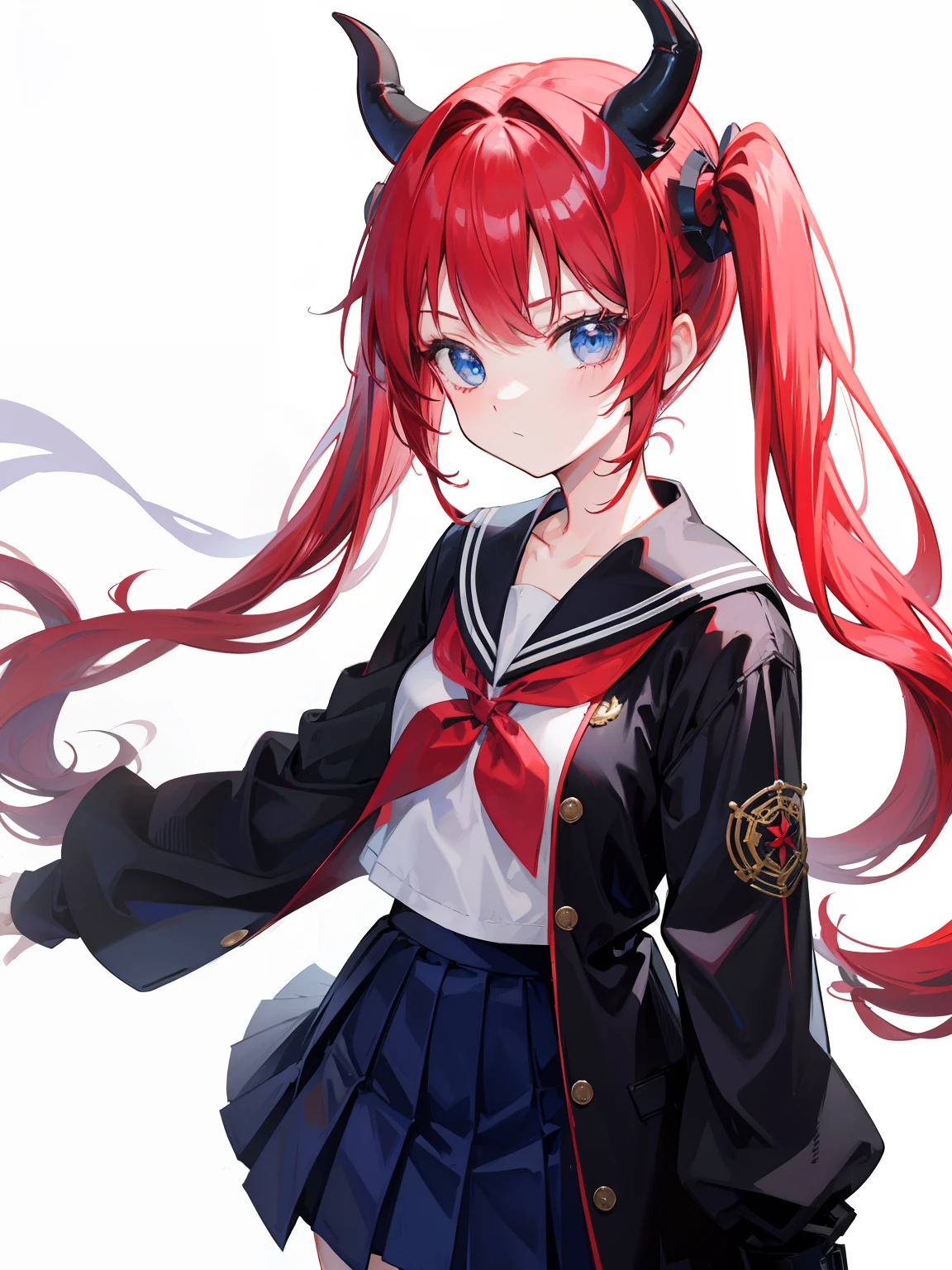 red hair, blue eyes, twintails, Sailor suit,black coat, Pleated skirt,solo,loli,cute,bow,Dragon horns
