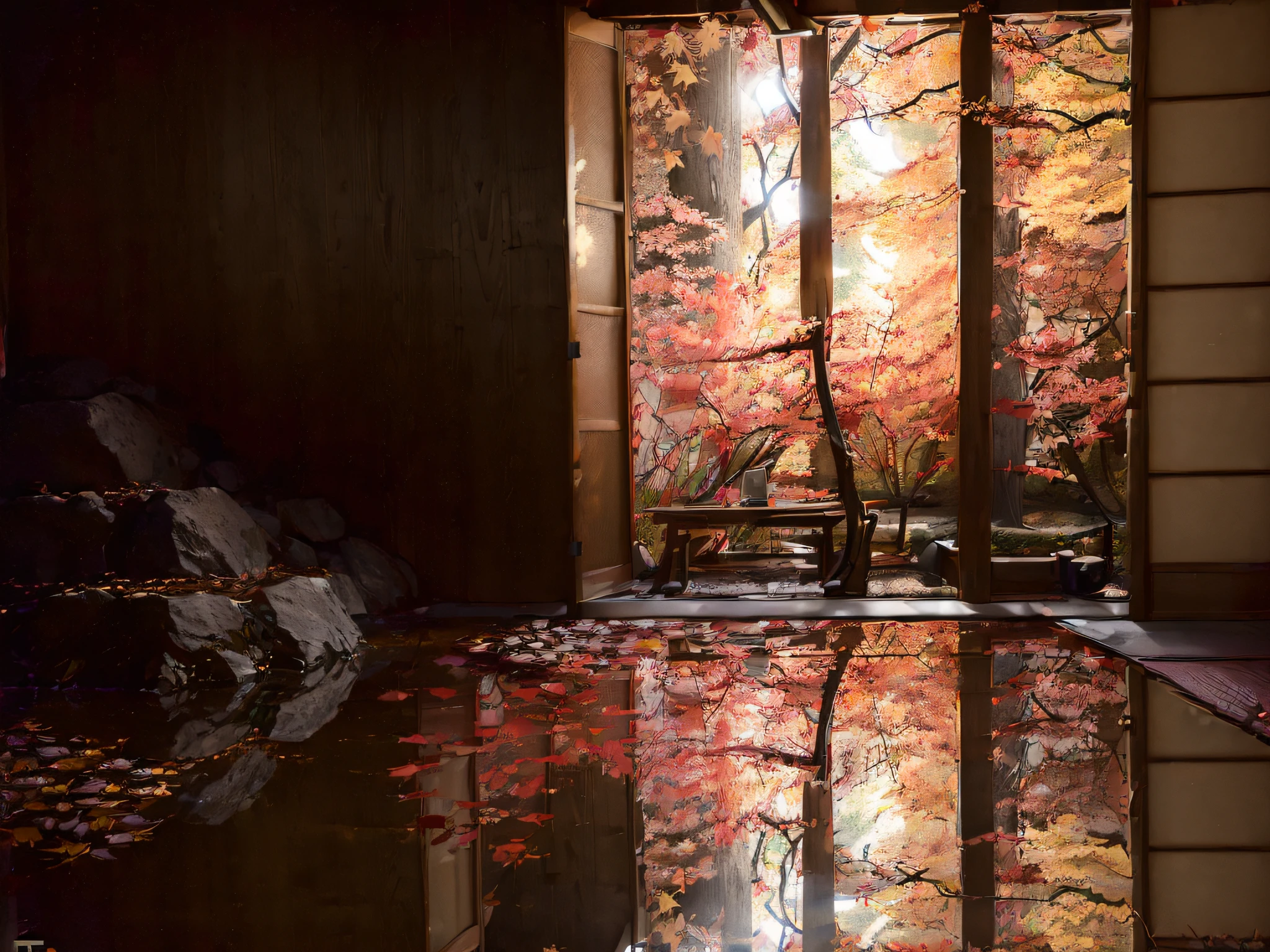 ((((night situation:1.5)))), An illustration of the scenery of the autumn leaves are depicted in a double layer due to the mirror reflection of Korin-in, Daitoku-ji Temple. at night, ultra-detailed, hyper-sharp, digital illustration, Place: Daitokuji Korin-in room Time: Autumn Subject: A specular reflection of autumn foliage The illustration depicts the specular reflection of autumn leaves on a table in the interior of Daitokuji Korin-in Temple. The table is in a room with a calm atmosphere like a tea room. The scenery of autumn leaves is clearly projected on the table. The scenery of autumn leaves is thought to have been seen from famous spots for autumn leaves such as the Sanmon Gate and Hojo in the precincts of Daitokuji Temple. The autumn leaves are dyed in various colors such as red, yellow, and orange, creating an atmosphere of autumn. (((In the illustration, the autumn leaves are depicted in a double layer due to the mirror reflection: 1.5))), which further emphasizes the beauty of the autumn leaves. In addition, the mirror reflection connects the interior and the landscape of the precincts, giving a sense of the depth of the space. Fittings such as shoji and fusuma in the room light from window Vividly expressing the colors of autumn leaves Emphasizing the beauty of autumn leaves by mirror reflection Expressing a space where the interior and the scenery of the precincts are connected
