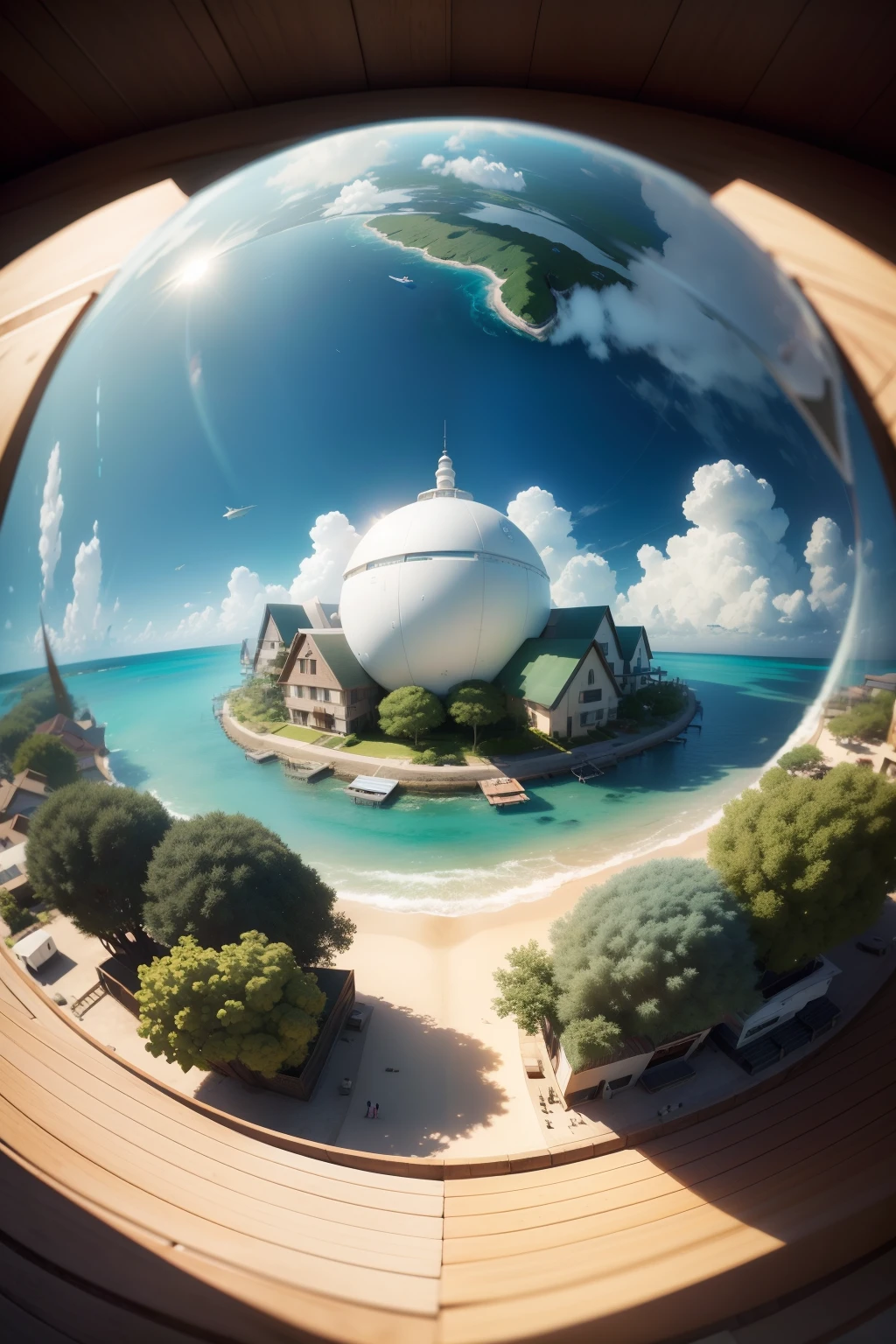 Pixar style, Studio Ghibli, happy community of multi-racial people living in their own atoll, white domed houses surrounded by gardens, floating shrimp and oyster farms inside the atoll, many children help adults or play on the ocean, 4 HD result, cinematic style photo, greeble, ray tracing, in the style of realistic lighting with chiaroscuro, detailed facial features, marcin sobas, jagged edges, flickr, Thomas Saracenus, close-up intensity, 1/200 s, ISO100, shot on Canon EOS R at 50mm f/ 1.8, f/2.2, sci-fi film, m42 mount, --niji 5