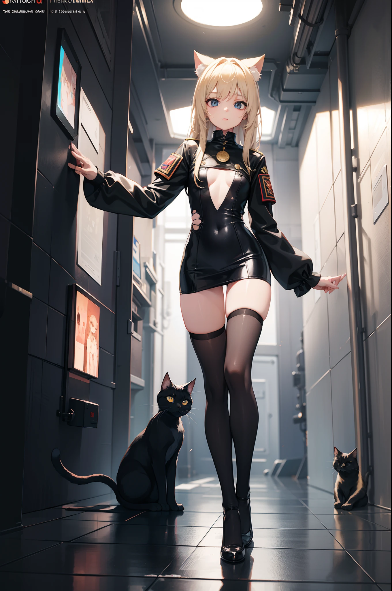 ukraine girl , ukraine anime girl , full body composition of A young girl with messy light blond hair, eyes makeup, -yeld, caars, soft lighting, solo, dressed in a old torn dirty ragged futuristic military uniform, cat paw badge, pose, blotchy colors, Octane render, Hyperrealistic intricate detail, Cinematic, 8k resolution, 70mm, accent lighting, global illumination, full body portrait, clean detailed faces, intricate clothing, cute face, flat chest, slim waist, slim legs, small hips