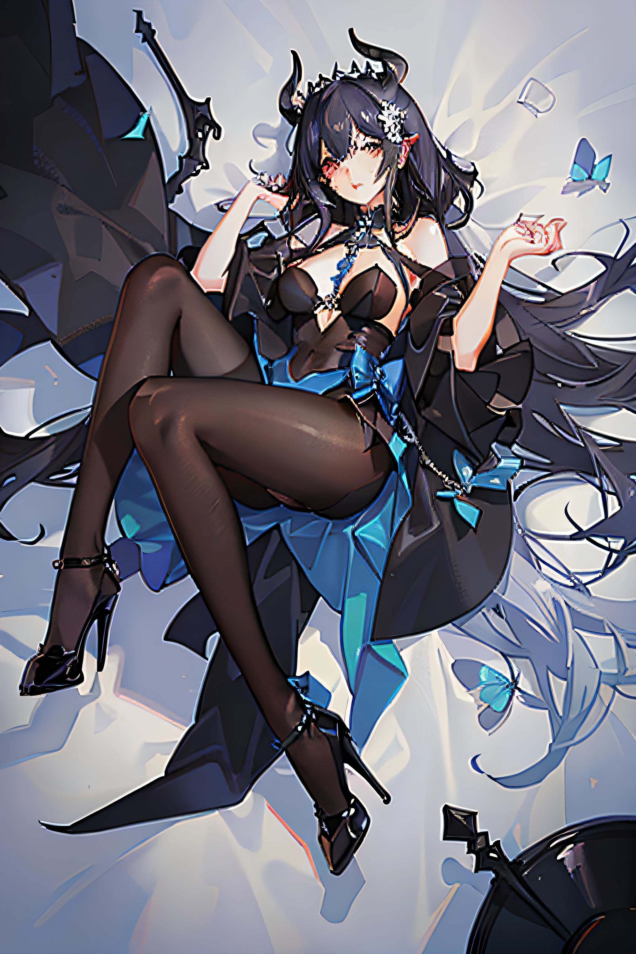 Anime character succubus sky blue long hair black dress black silk pantyhose black high heels,Lazy beautiful big sister