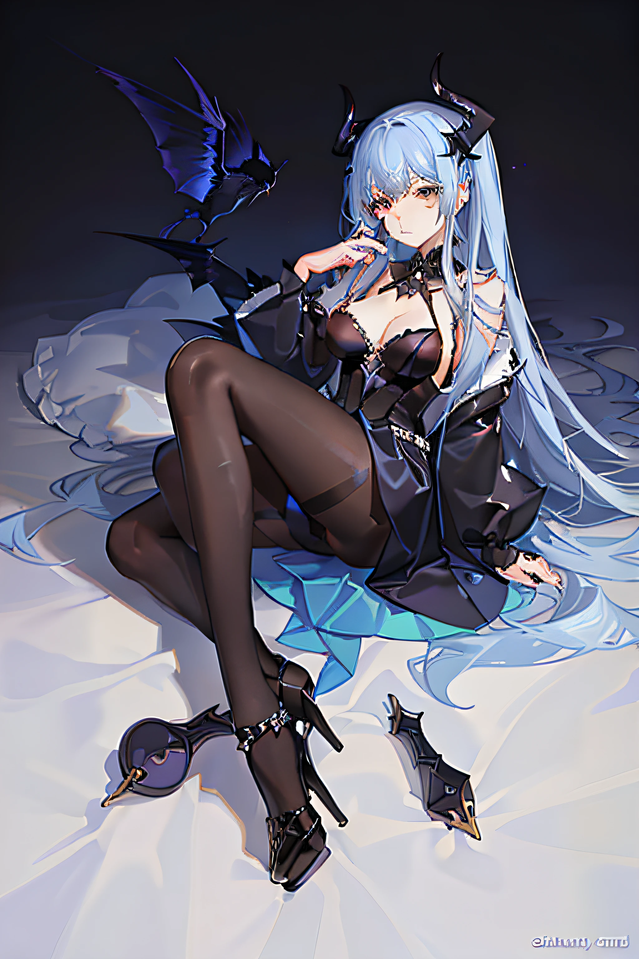 Anime character succubus sky blue long hair black dress black silk pantyhose black high heels,Lazy beautiful big sister