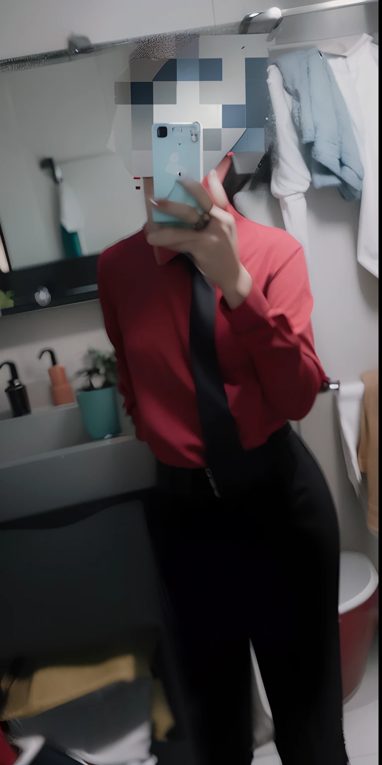 there is a woman taking a selfie in the bathroom mirror, wearing red attire, Red shirt, Red clothes, Red Uniform, Red tie, Hip skirt Wearing a black and red suit, wearing red formal attire, wearing red clothes, red and black suit, Red suit, red and black costume!!!, Red and black color, wearing red attire, Sexy red and black uniforms