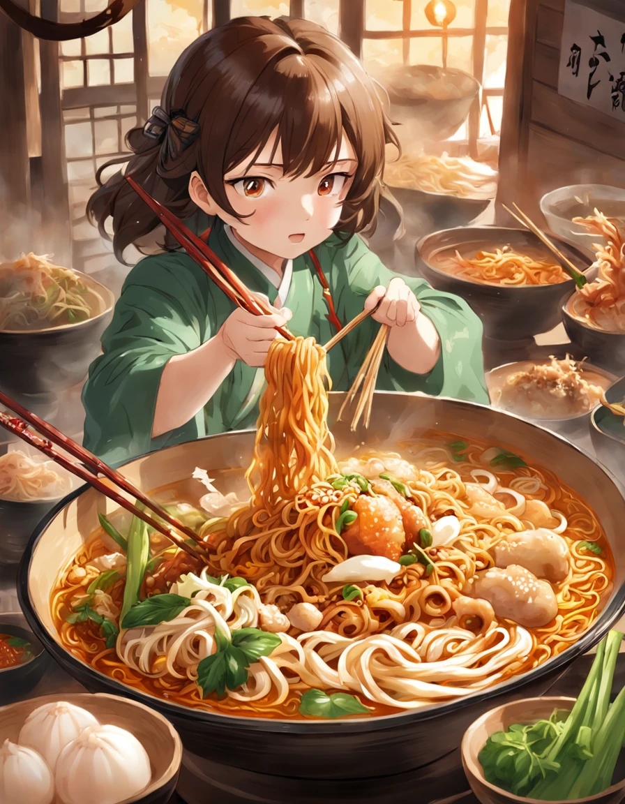 Delicious and tempting spicy noodles，Fresh vegetables are plentiful，The poached egg aroma is overflowing，Brown conch is delicious and delicious，Pepper has a strong flavor，The yellow bamboo shoots are crispy and delicious，The fungus has a delicate taste，Soybean curd has a good aftertaste，The noodles picked up by chopsticks are fragrant。illustration