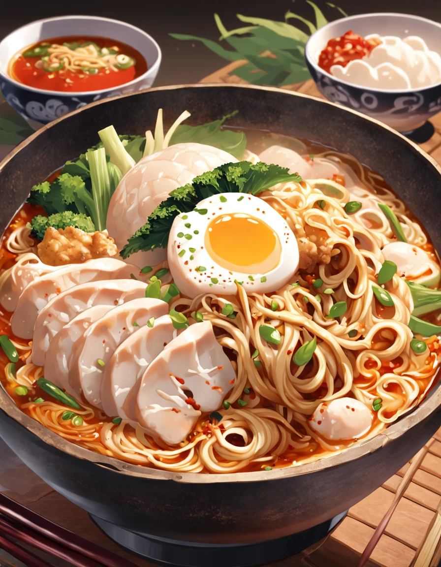 Delicious and tempting spicy noodles,Fresh vegetables are plentiful,The poached egg aroma is overflowing,Brown conch is delicious and delicious,Pepper has a strong flavor,The yellow bamboo shoots are crispy and delicious,The fungus has a delicate taste,Soybean curd has a good aftertaste,The noodles picked up by chopsticks are fragrant。illustration