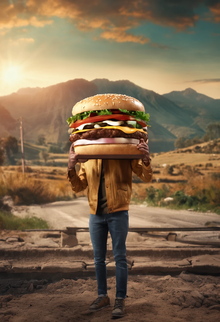 homem segurando um hamburger na frente de seu rosto, advertisement, comerciais 4K