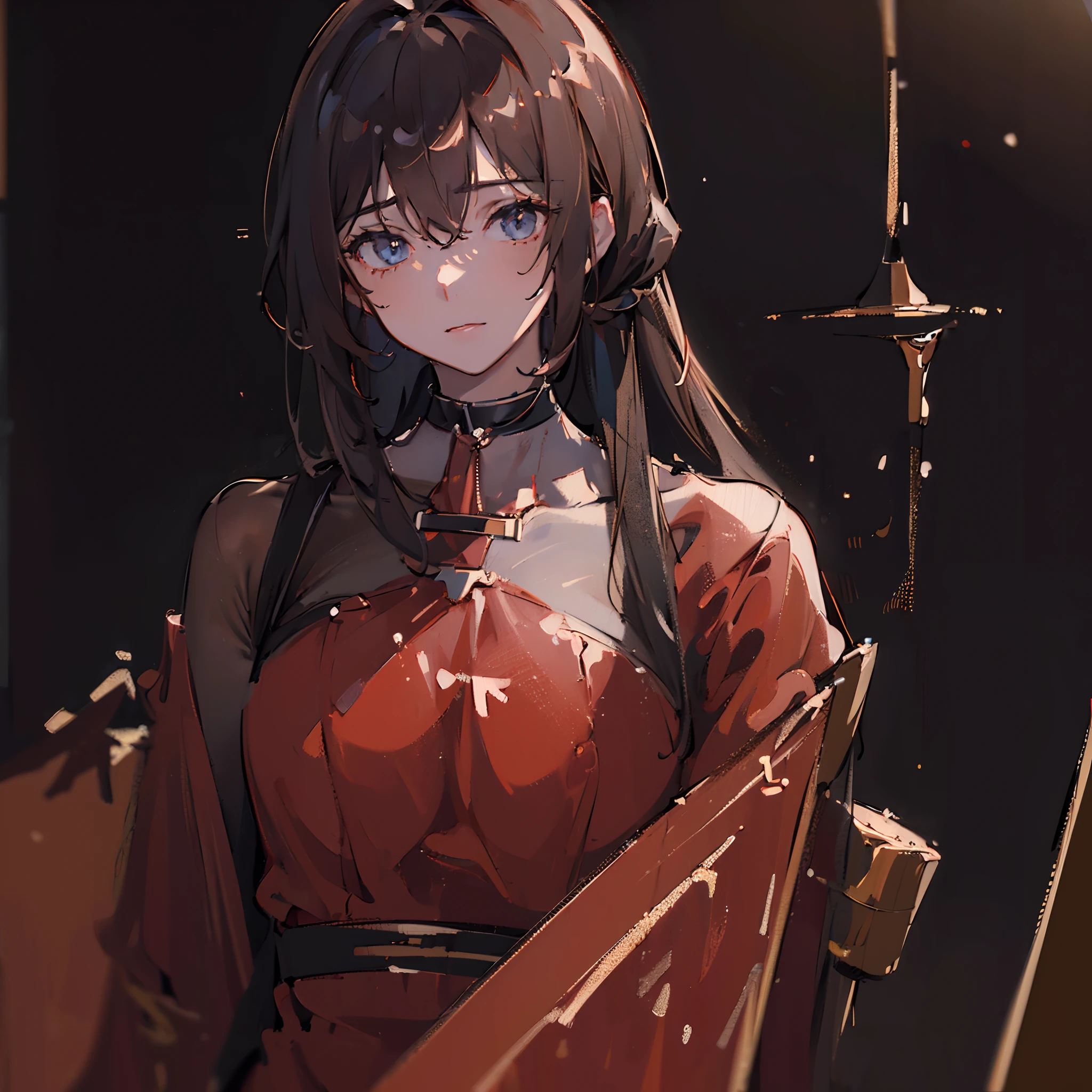 Mikasa Ackerman with a big cock that is her cock, she has no vagina, her cock is a big cock. big penis with pink tip, fat cock and big tits. with a serious expression and naked with a red scarf