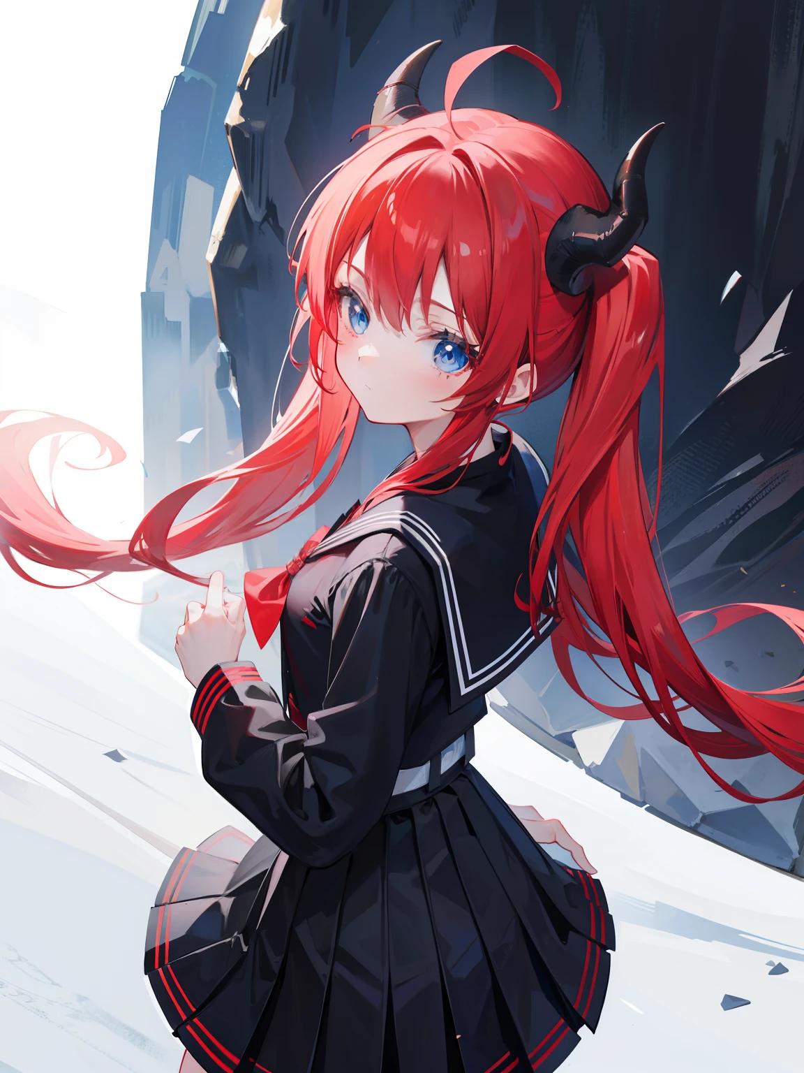 red hair, blue eyes, twintails, Sailor suit,black coat, Pleated skirt,solo,li,cute,bow,Dragon horns