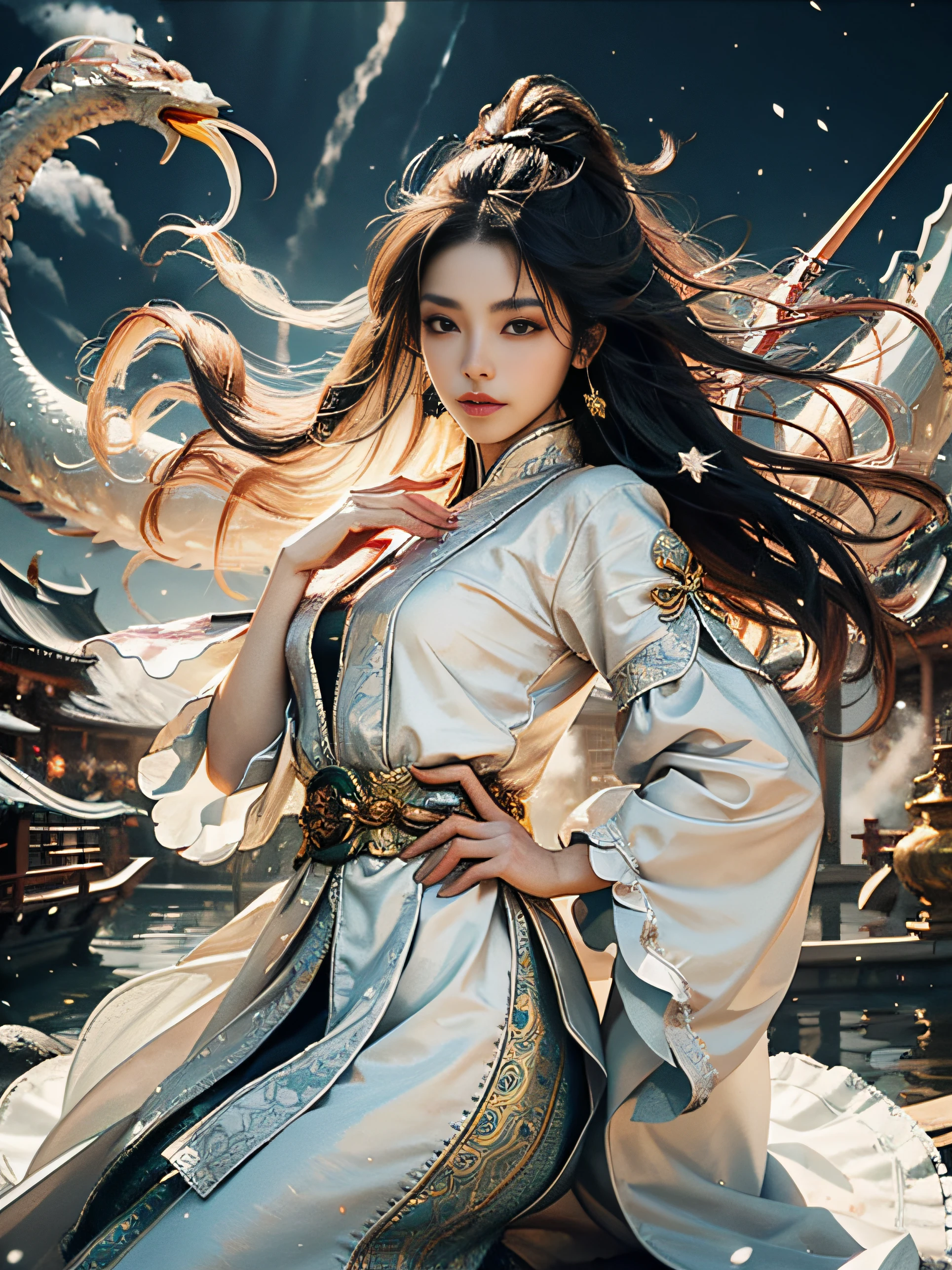 The crane-haired 's eyes were bright,Colorful green yarn ripples in the wind,I have seen fireworks in the world,Where there is a secular copper smell,What a worldly master of the Immortal Wind Dao Bone! He was dressed in white,Even the immortals outside the Nine Heavens Xuan were just like that,He looks very beautiful,At first glance, it looks soft and elegant。 Eyebrows are clear,The pupils are pure pitch black,It was as black as the endless abyss of the universe,Look a little longer,There's the illusion of being sucked in。 The skin is not pure snow-white,Instead, it is warm and delicate, like jade,But it is warmer and softer than jade,Wearing a white fairy robe,Not only is it not the slightest bit abrupt,It also sublimated his appearance as if white was born for him,Exist for him。 The wind blows,The placket blows up,OMG,The immortals outside the Nine Heavens Xuan are just like that! His skin was faintly radiant and flowing,A thousand kinds of glazed light flashed in his eyes。Ultra-realistic 8k CG,tmasterpiece,((Ultra detailed backgrounds,delicate patterns,Complicated details)),Best quality at best
