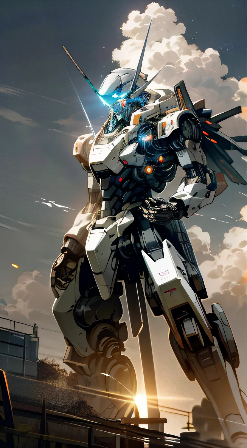 Skysky,clouds,Holding_arma,No_Humanity,with light glowing,,droid,buliding,Glowing_Eyes,Mecha,scientific fiction,The end of the world,城市,Realistis,Mecha