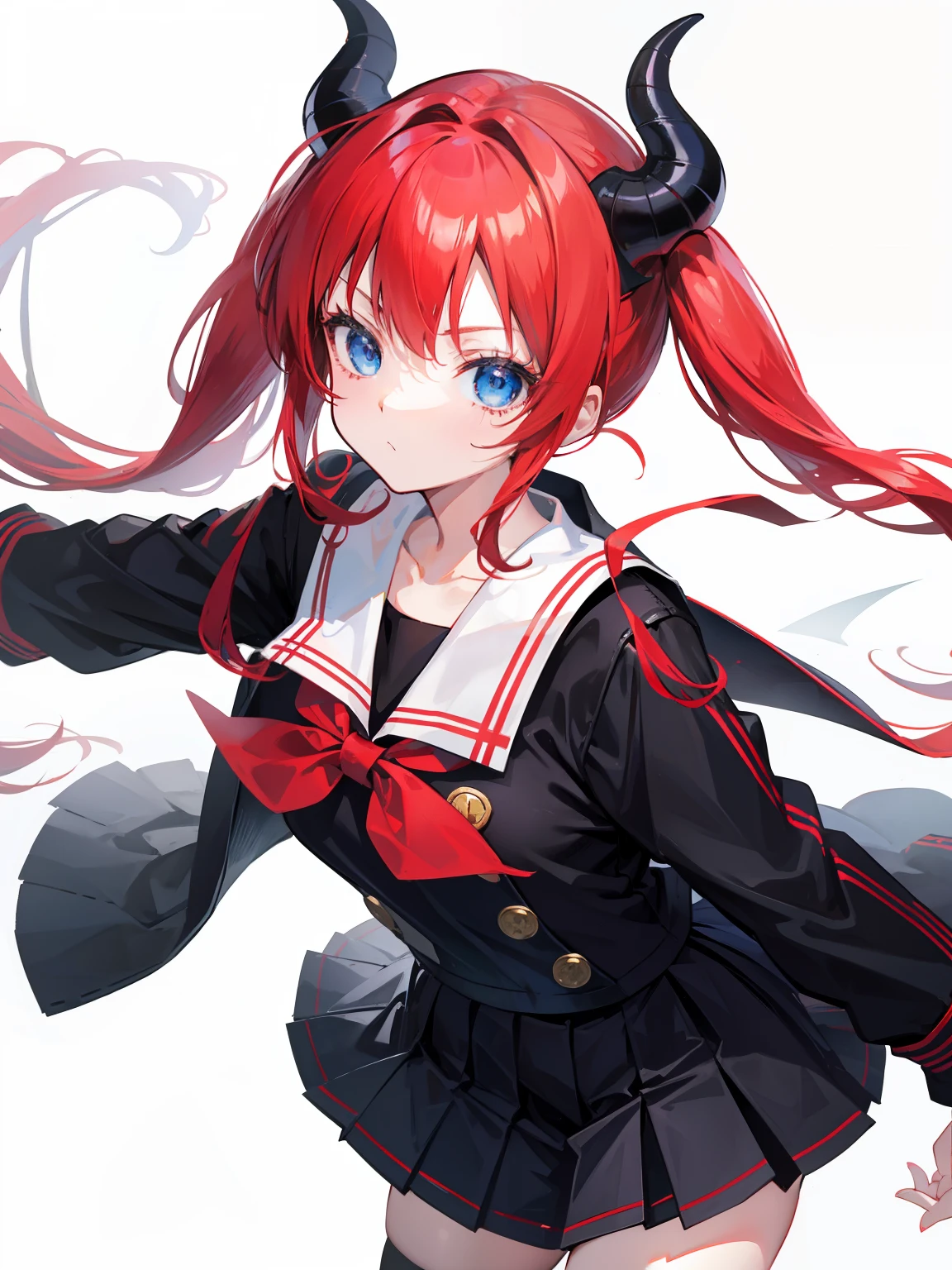 red hair, blue eyes, twintails, Sailor suit,black coat, Pleated skirt,solo,loli,cute,bow,Dragon horns
