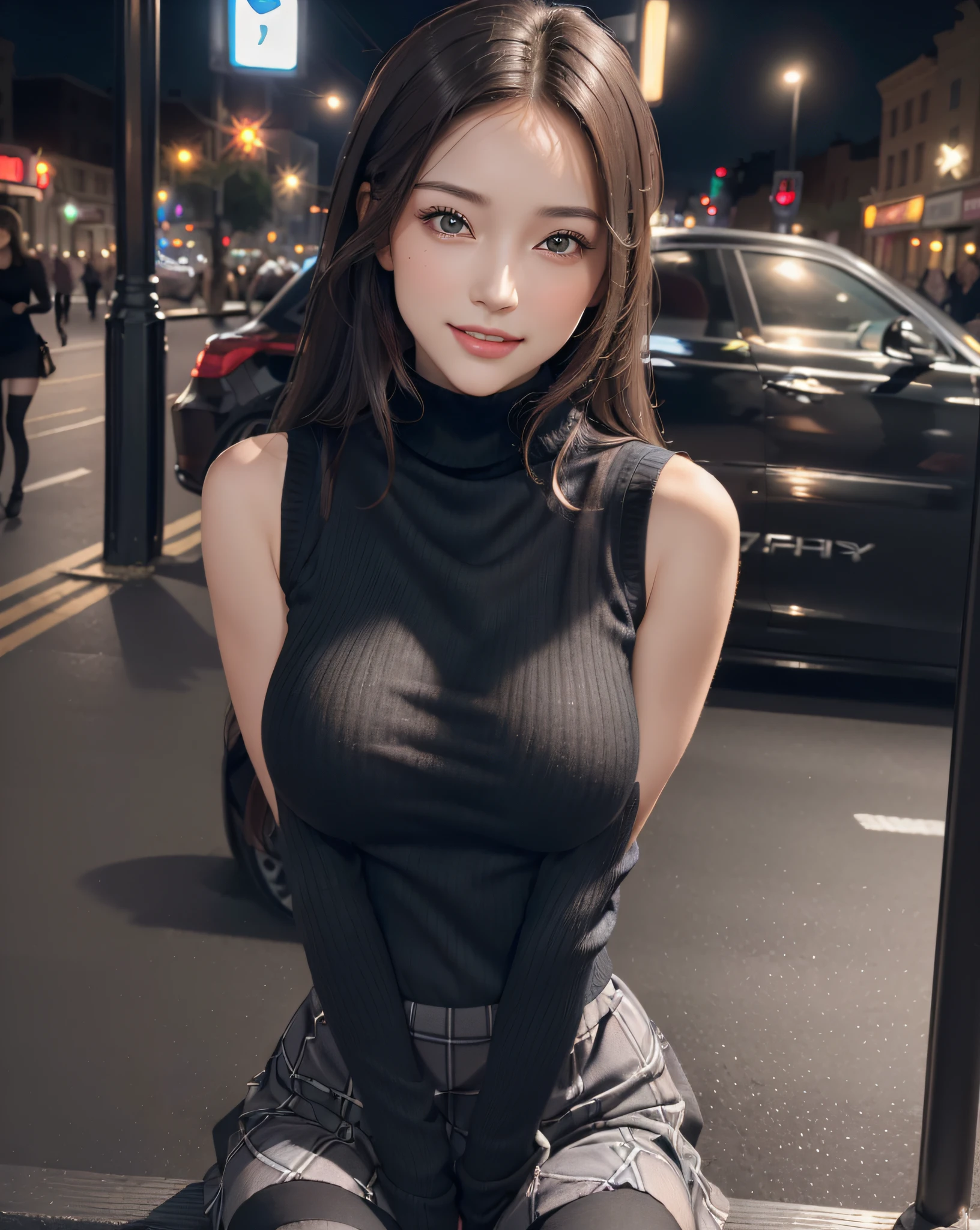 (1girl:1.3, solo), (Masterpiece, best quality, photorealistic, highres, photography, :1.3), ultra-detailed, sharp focus, professional photo, commercial photo, (upper body:1.3, bust-up portrait), BREAK, 1 brunette girl, solo, European girl, hot model, highly detailed eyes and pupils, realistic skin, (attractive body, medium-large breast:1.25), extremely detailed hair, delicate sexy face, sensual gaze, shiny lips, BREAK, ((wearing a black turtleneck sweater:1.3, sleeveless, lapped plaid-pattern-skirt), black stocking:1.3), (outdoor, night, Broadway street, blurry background:1.25, simple background, no human background:1.25, no-car background:1.25), (standing, attractive posing, arms down, arms behind back), ((realistic, super realistic, realism, realistic detail)), perfect anatomy, perfect proportion, bokeh, depth of field, hyper sharp image, (attractive emotion, seductive smile, :d, ;p),