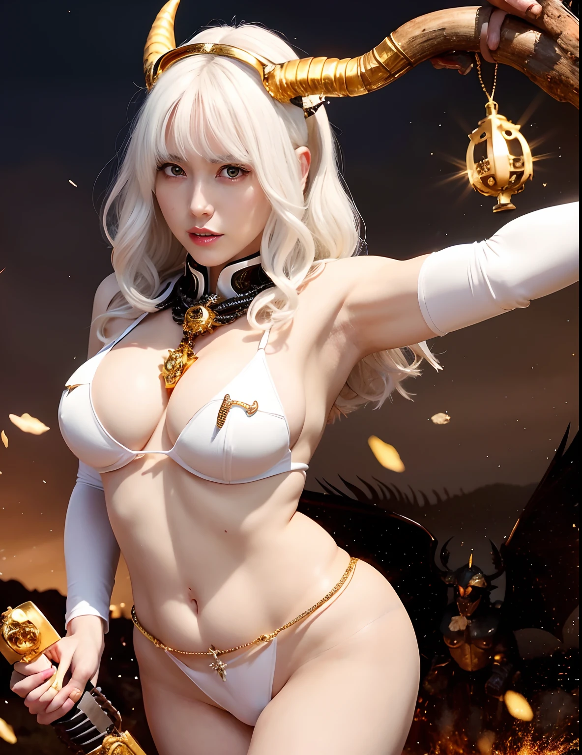 Professional , ​masterpiece、top-quality、photos realistic , depth of fields 、（White Jewel Body:1.９),(Matte White、（cleavage of the breast）、Jewel Gold Weapon、Particles of light、（White Jewel White Body:1.４),Gorgeous gold weapons ,（（ Dragon dense and gorgeous dragon sword）） , （demonic wings）   ,warhammer 40k 、（（White hair））、（Castle background）、（demonic wings）、（（Gangle's forest background））、Beautiful Caucasian beauty、１a person、dynamic ungle,(((Two devil's horns on the head)))、Smaller head、Idle Smile、Thin and beautiful female hands、cleavage of the breast、Mystical expression、Light Effects、intense fighting、Wind-effect、magic circles、With the legendary magic wand、Dragon's tail、