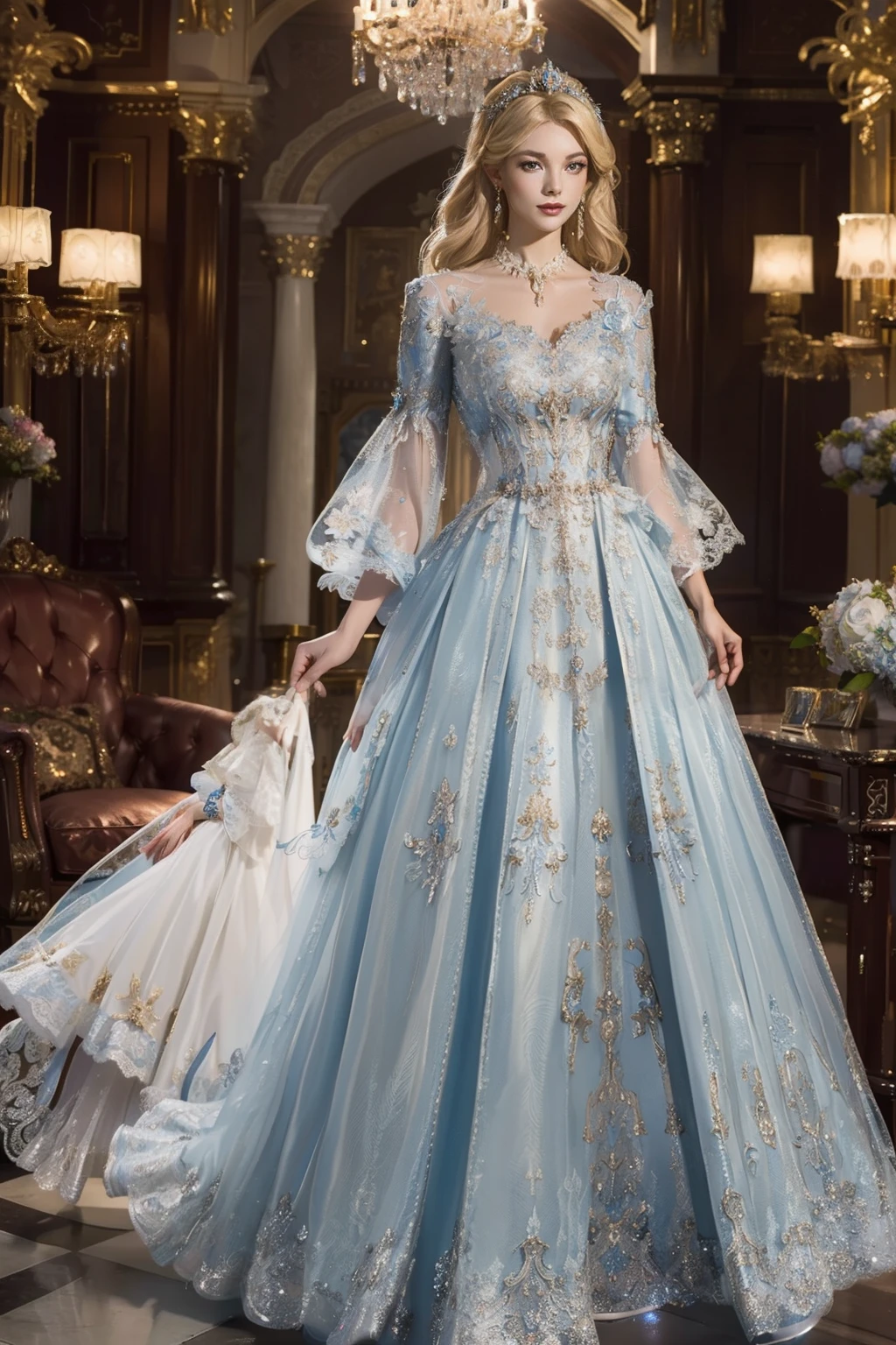 ((top-quality、​masterpiece、photographrealistic:1.4、in 8K))、Beautuful Women、18year old、Beautiful expression、a blond、extremely detailed eye and face、beatiful detailed eyes、Formal Gloves、（Luxury dress printed with gorgeous roses in medieval European style、Headdress in the style of medieval Europe)、Red dress、Luxury accessories、（Woman walking in the corridor of a castle in European style）、Glass shoes、Cinematic lighting、Textured skin、Super Detail、high detailing、High quality、hight resolution、Looking at Viewer、Elegant smile、Full body、europian、