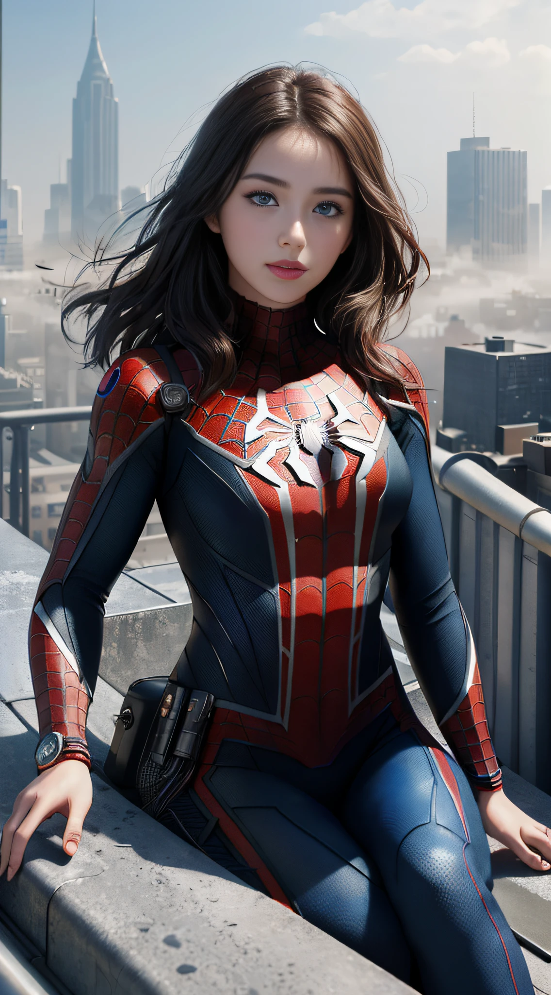 (1girl:1.3), Solo, (((Very detailed face)))), ((Very detailed eyes and face)))), Beautiful detail eyes, Body parts__, Official art, Unified 8k wallpaper, Super detailed, beautiful and beautiful, beautiful, masterpiece, best quality, original, masterpiece, super fine photo, best quality, super high resolution, realistic realism, sunlight, full body portrait, amazing beauty, dynamic pose, delicate face, vibrant eyes, (from the front), She wears Spider-Man suit, red and black color scheme, spider, very detailed city roof background, rooftop, overlooking the city, detailed face, detailed complex busy background, messy, gorgeous, milky white, highly detailed skin, realistic skin details, visible pores, clear focus, volumetric fog, 8k uhd, DSLR, high quality, film grain, fair skin, photo realism, lomography, futuristic dystopian megalopolis, translucent