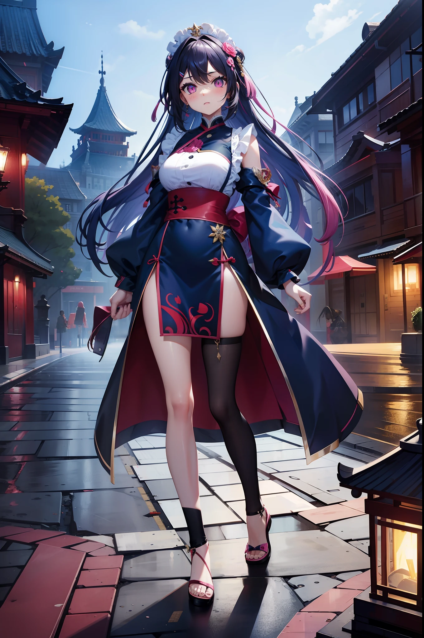 cabelos preto e longos,China-style,full bodyesbian,Anime shoujo,Sword in hand,Feet,White suspenders