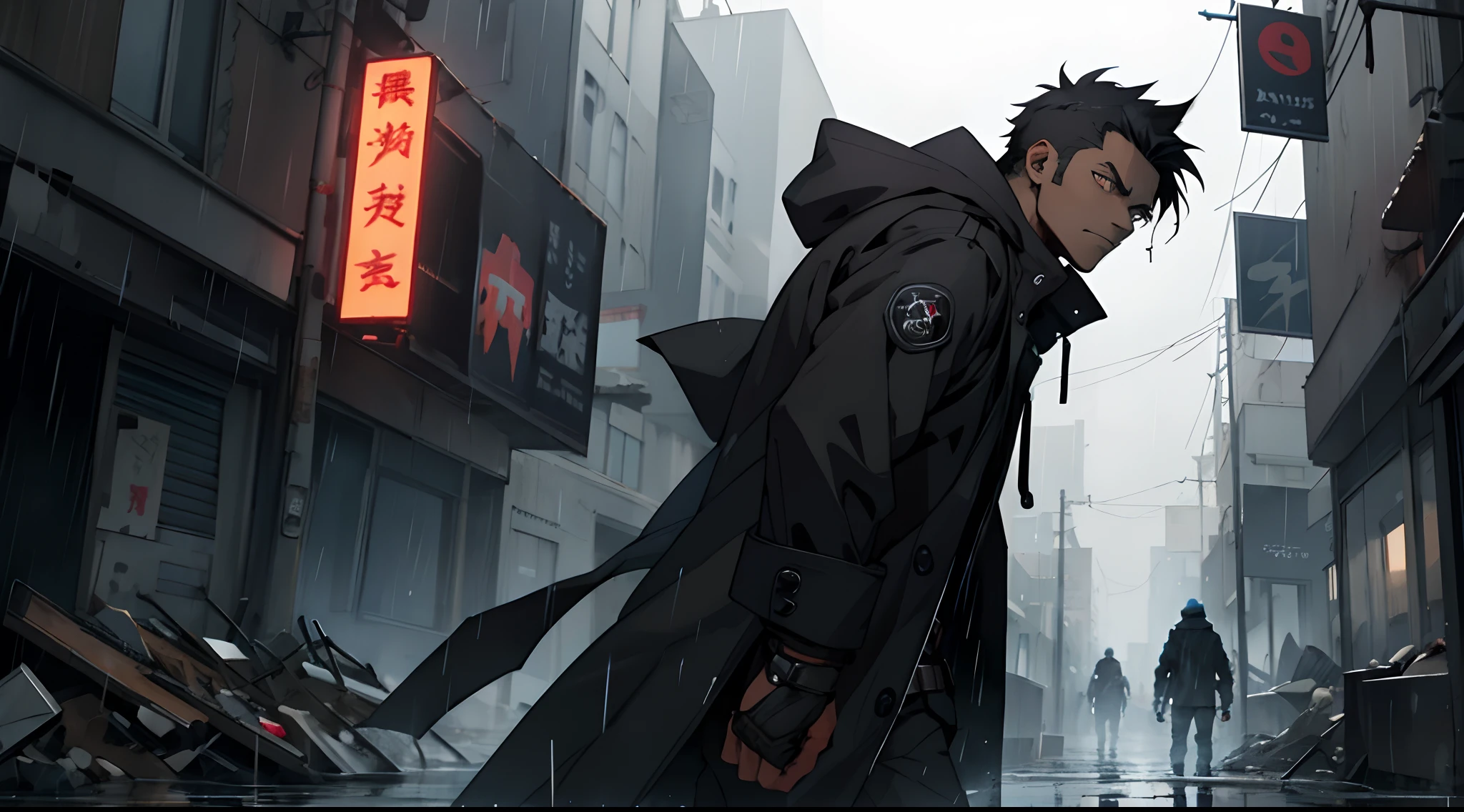 anime, boy, black hair, black clothes, black coat, pitch black skin, bright white eyes, apocalyptic urban background, rain