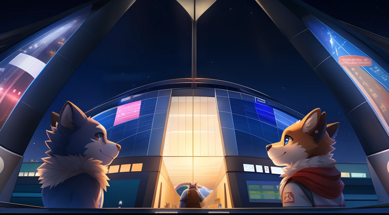 Furry Fur，hairy pubic，Lovely image，drak，Cute furry，Prepare for boarding，Terminal, Long, Fluffy tail，At the city high airport，full of lights，Cubs，is in night，nigh sky, 夏天，stars，Close-up of cute characters