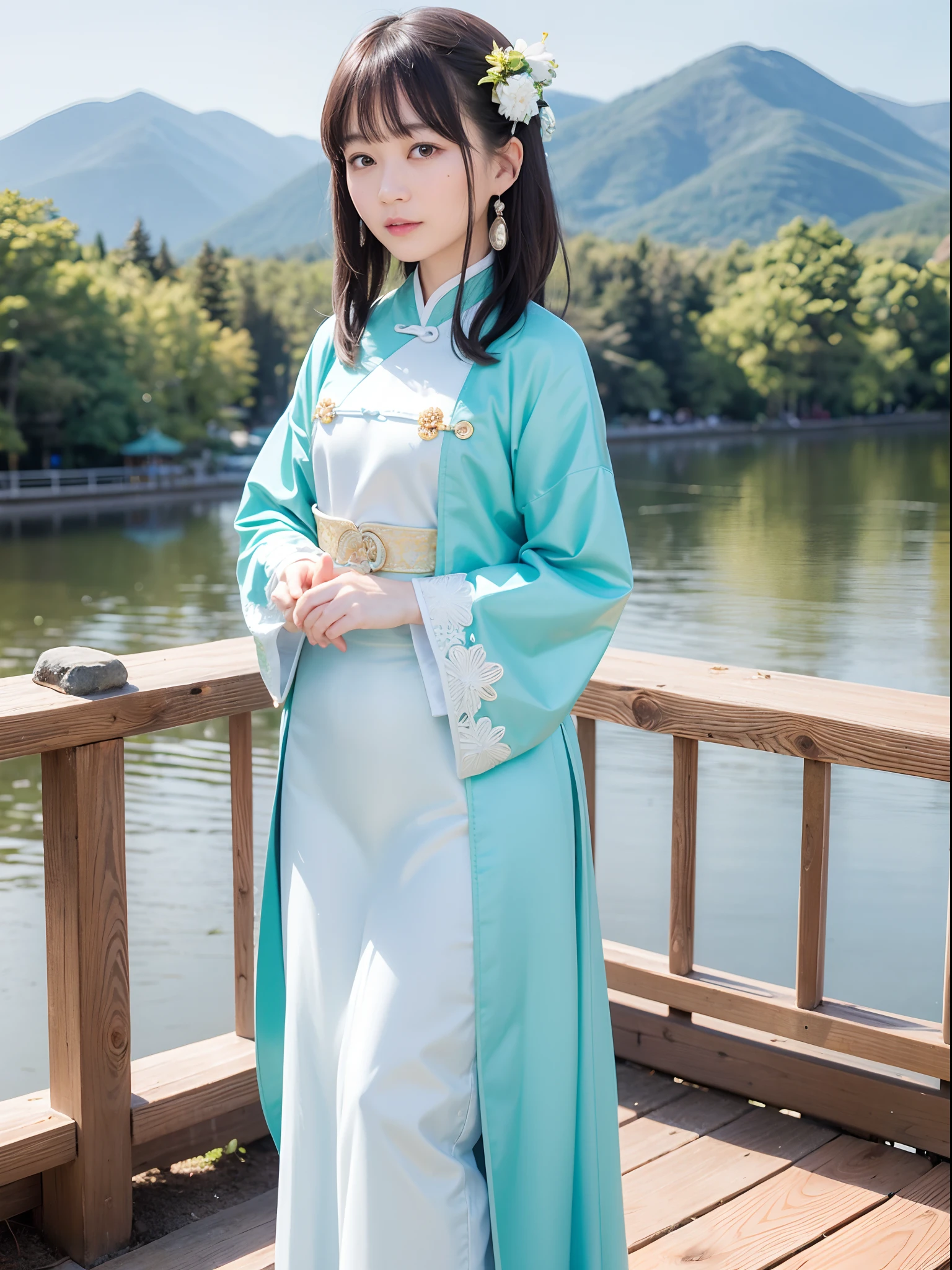 Chinese women in period costumes pose for a group photo, Long-sleeved Han costume, Varied, ,Insert hairpins into coiled hair, The clothes are fluttering,Side full body fairy, , Standing on a small bridge,Mountains in the background His melancholy eyes looked into the distance, Wear period costumes,Wearing earrings bracelet light green Hanfu delicate embroidery,Detailed facial features and ultra-clear picture quality,Stand barefoot in the water of West Lake,Resolution up to 8K