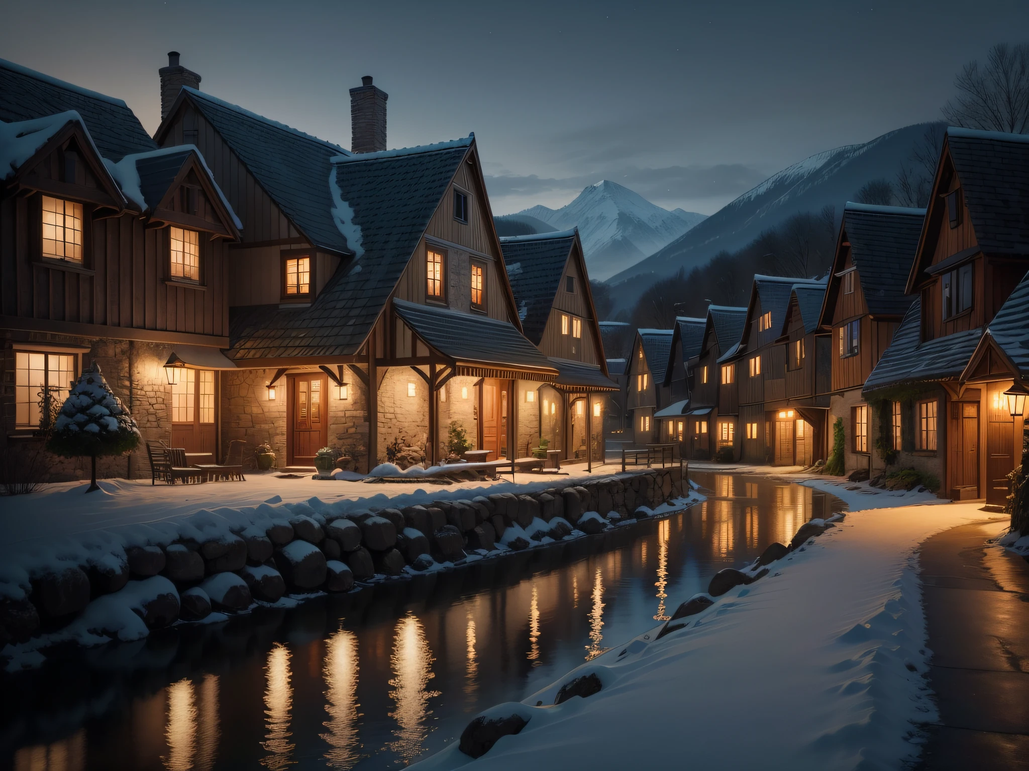 Countryside and Villages: Charming villages with cozy lights and rustic architecture make for a serene and beautiful night view.