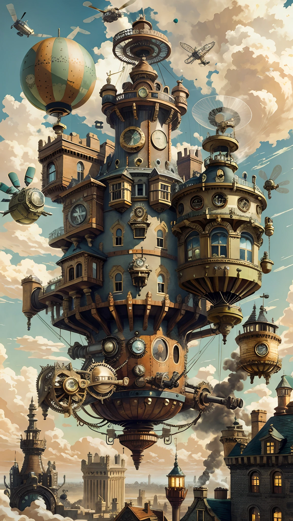 SteamPunkAI, Cogpunk helicopter, city castle, steampunk