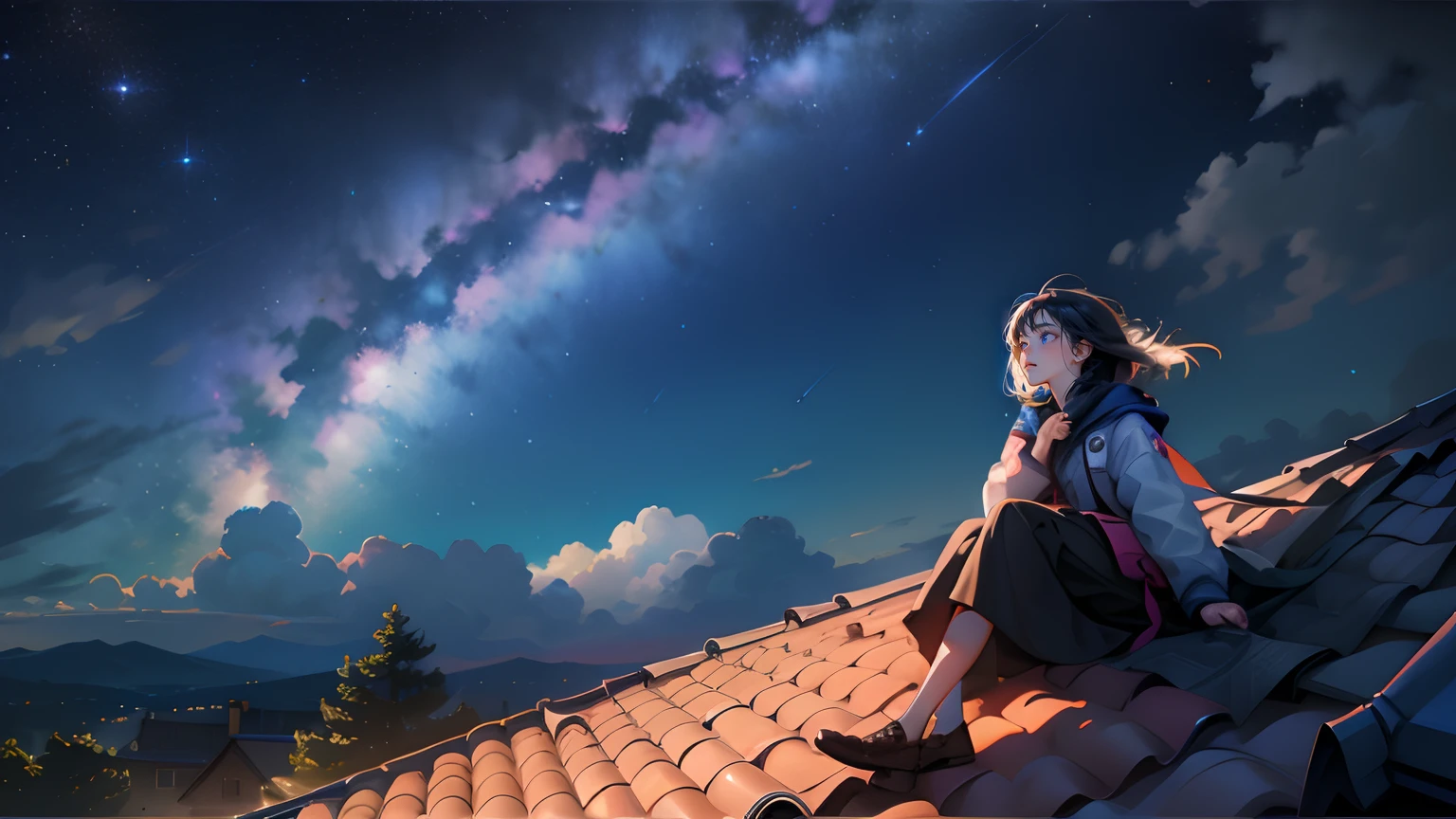 Girl sitting on the roof，the night，Brilliant Milky Way（Meteors streak across），In a panoramic view，Scenic horizon，Looking up at the perspective，the roof，Breeze in the wind，8K high-quality art，Best Picture Quality。