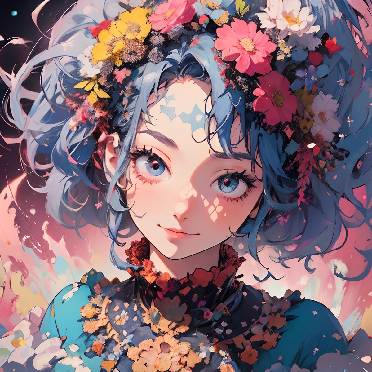 ((flowercrown)),Contemporary art created by tracing traces of colorful ink、​masterpiece、ultra-detailliert、pop-art、innocent smiles、eye glass、(1 girl, Solo:1.6),(Cute smile), (Best Impact:1.5), (maximalism:1.7), Vivid contrast, (Realistic), hyperrealistic illustrations, hight resolution, ultra-detailliert, absurderes,(Fractal Art:1.3)、One Piece Appearance、Random hairstyle、Random hair color colorful、FULL BODYSHOT、Retro、Precise focus、randome pose、cinema4d、Drama