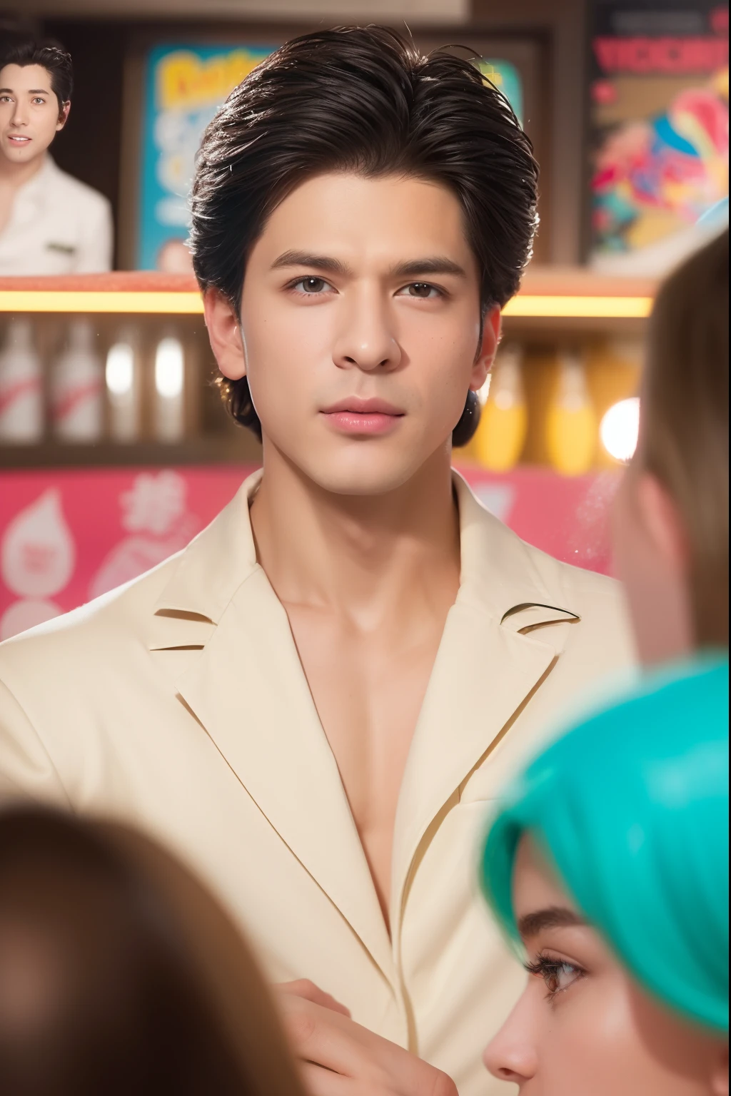 Create a hyper-realistic, high-resolution AI-generated image featuring a youthful, athletic male character reminiscent of the 1960s Ken doll from Barbie. He sports a distinctive 50s-inspired yellow blonde "wet back" hairdo, exuding a vibrant and energetic aura. He confidently wears a flamboyant pink and turquoise latex outfit, showcasing his unique style.
Situated in a whimsical ice cream shop adorned with joyful American pop art decor, the man occupies the exact center of the composition. Positioned front and center, he sits gracefully behind a generously-sized sorbet ice cream atop a contemporary table.
The meticulously detailed male protagonist boasts lifelike realism akin to a photograph, meticulously capturing every intricate nuance. The meticulously crafted scene is symmetrically arranged, reminiscent of wide-angle lens photography, offering a panoramic view of the setting.
The overall ambiance is playful and candy-coated, radiating a delightful bubblegum aesthetic. The background generously frames the main character, allowing his vibrancy to shine against the joyful backdrop. The image embodies an AI's interpretation of a photorealistic masterpiece, rendering the scene in high-resolution to accentuate every detail.