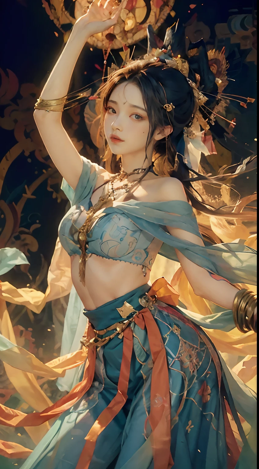 Dunhuang style, 1girle, shoulders, navel, flying fairy, Dunhuang mural in background, dance, Buddhist instrument in hand, black hair, very long hair, hair ornaments, ribbons, earrings, gold jewelry, hair bubbles, flowers on the head, gradient eyes, smile, surrealism, high detail, romanticism, cinematic lighting, glitter, reflected light, masterpiece, ccurate, super detail, textured skin, anatomically correct, high detail, best quality, high quality, award-winning, 8K