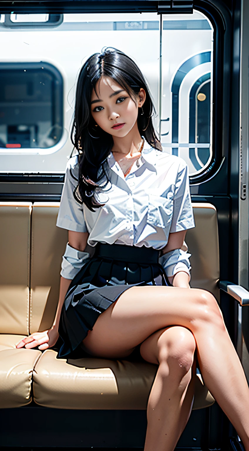 "(Masterpiece, High Definition, Ultra High Definition, 4K) Black hair, 14 years old Japan girl, uniform skirt, emphasizing thighs, white thighs, soft thighs, glossy thighs, sitting on the train, face-to-face angle, (angle from below),sitting in the train seat,Sitting in front,Zoom camera in the ,Feet on the train floor,Full body,Looking down and sleepy,Looking at the viewer only", best quality, ultra high definition, (photorealistic:1.4),, high resolution, detail, raw photo, sharp re, Nikon D850 film stock photo by Lee Jefferies 4 kodak portra 400 camera f1.6 lens rich colors hyper realistic lively textures dramatic lighting unreal engine artstation trends cinestir 800,