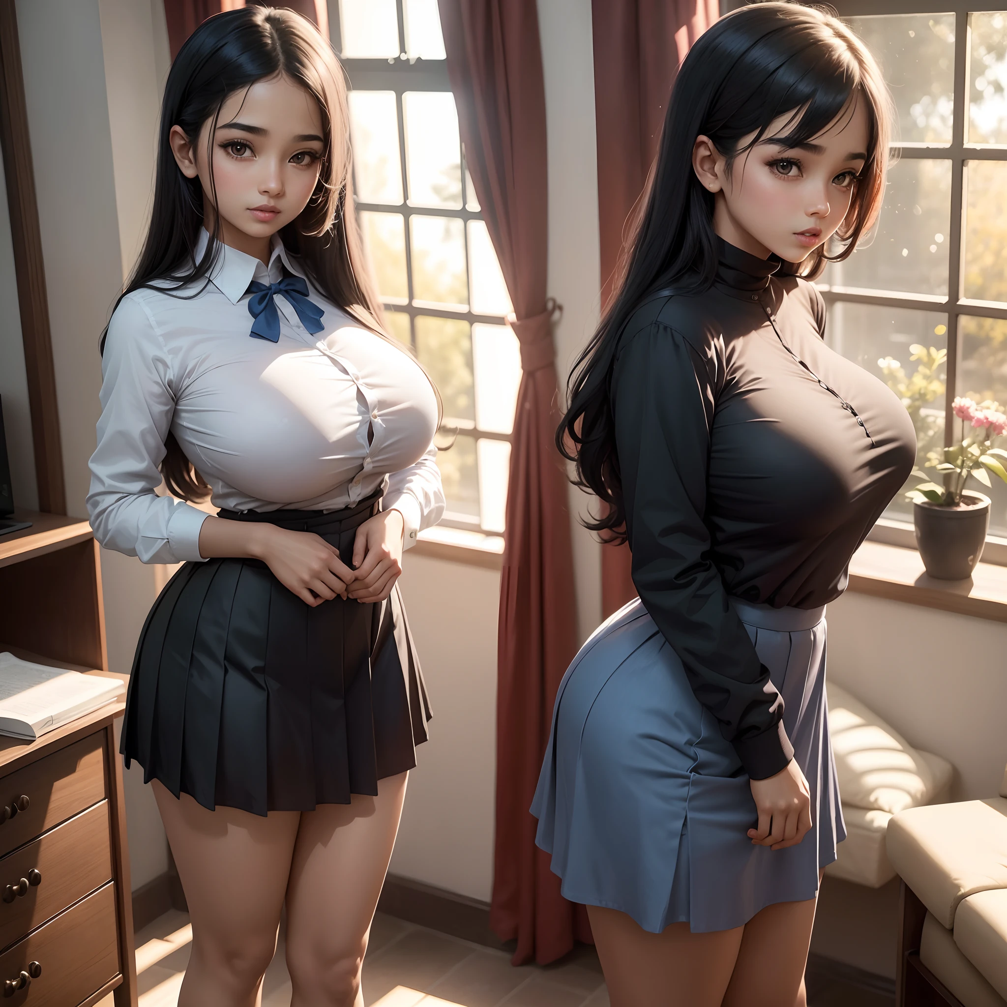 1girl name aaliya, aaliya have beautifull body big , big this, black, aaliya standing in her living room wearing her school dress her skirt is too short thst her but cheks are looking, blue school dress