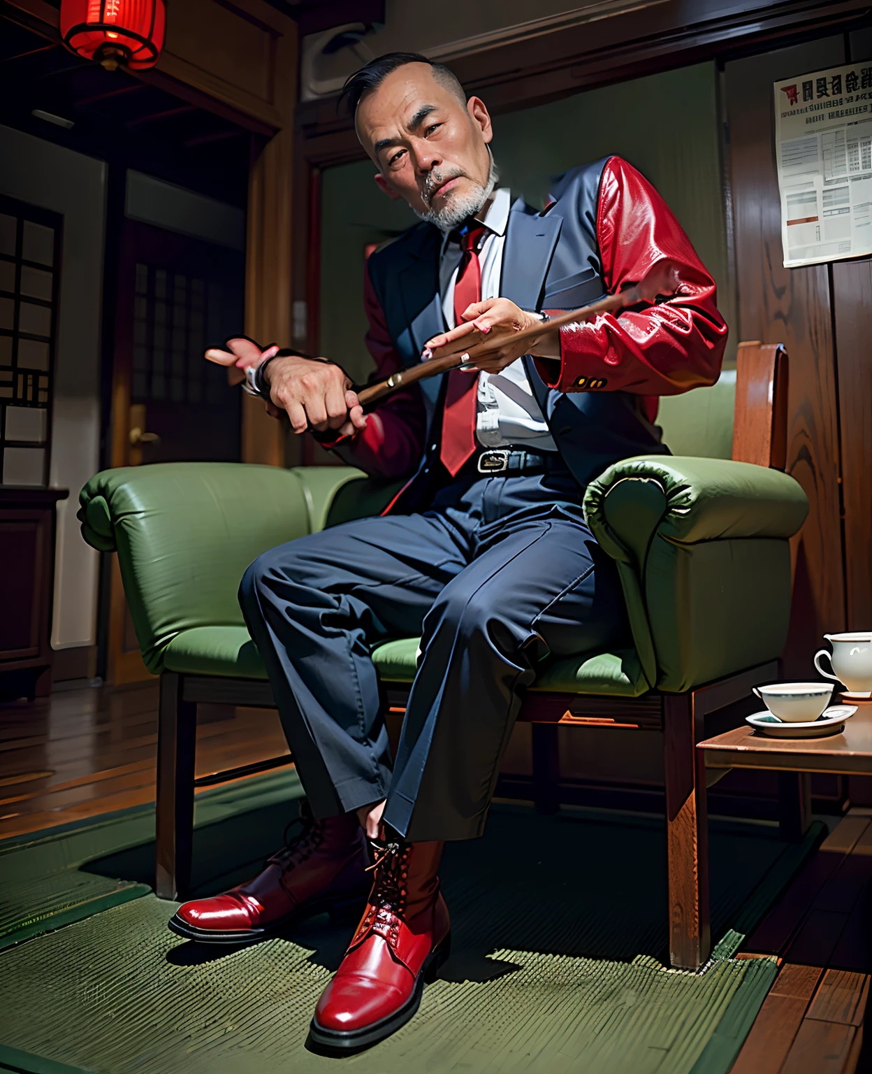A 50-year-old middle-aged Chinese man sits in a chair,jpn,Chinese man,Red trousers,He wears a pair of red riding boots on his legs, Wearing a red suit,red necktie,Red back,Back head,Black color hair,largeeyes,With a whip in his hand,tom of finland style