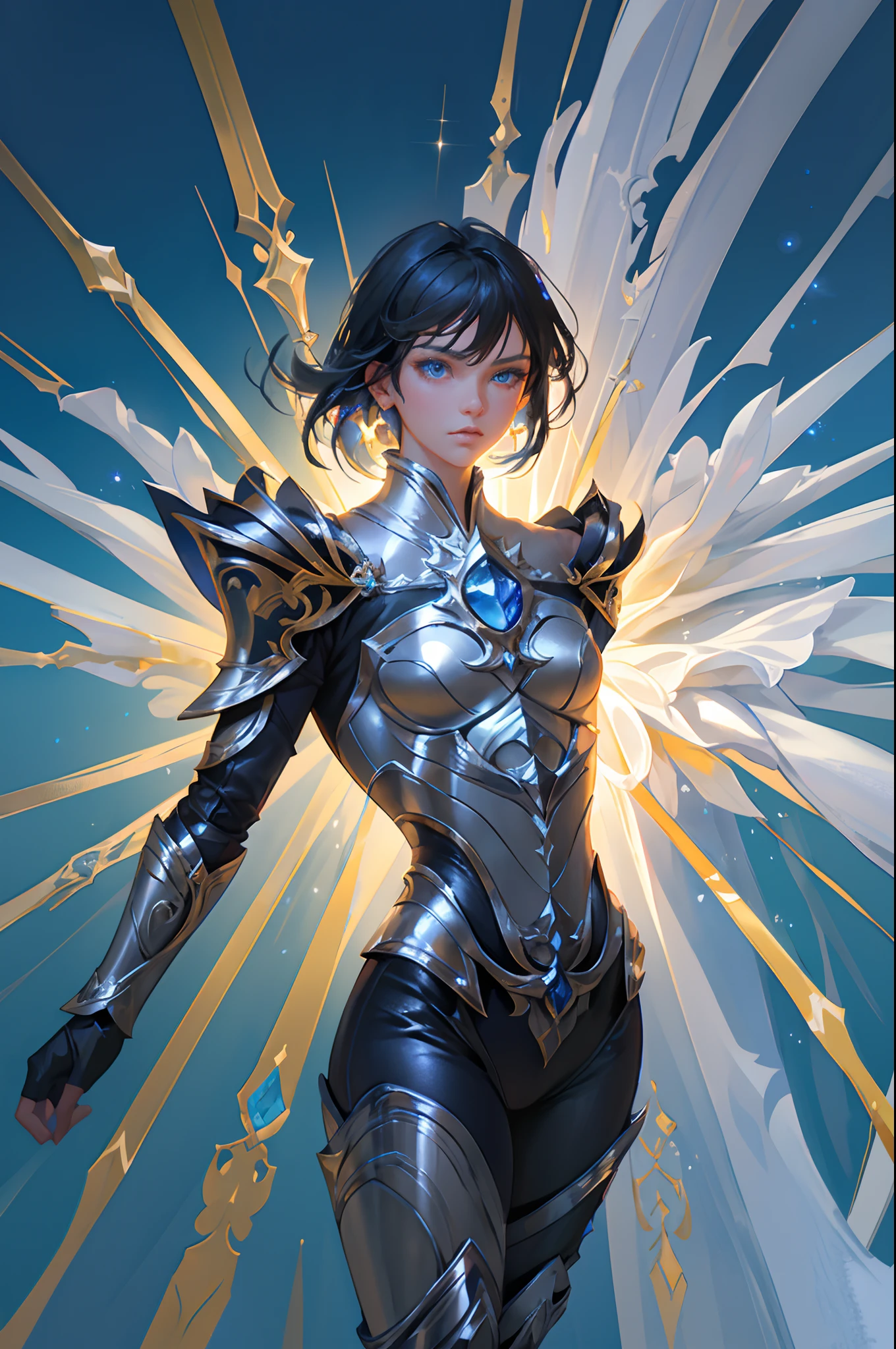 Ultra-high saturation，（tmasterpiece）， fully body photo，（best qualtiy）， （1girll）， starryskybackground，Wearing shiny gold armor， Sexy lingerie type armor，Expose your chest，Expose the waistline，Exposing thighs，cool-pose， Saint Seiya Armor， messy  hair，high detal, Anime style, Cinematic lighting, Sparkle, god light, Ray traching, filmgrain, hyper HD, textureskin, super detailing, Anatomical correct, A high resolution，Ultra-high saturation，hight contrast，High-gloss armor，Smooth skin，Serious expressions,Dark room,