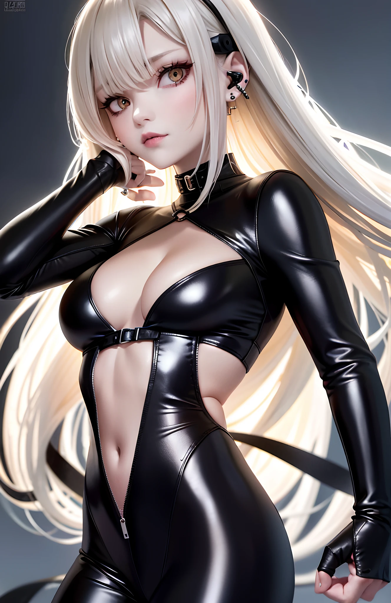 optimum，tmasterpiece，A high resolution，best qualtiy，hyper HD，super detailing，Award-Awarded，16k，独奏，（（The upper part of the body）），（（Bust）），anatomy correct，Beautiful cyberpunk girl，cute  face，，Gradient Beige Hair，Hairline，（（Dark golden eyes）），long eyelasher，Hanging eye corners，White skin of the，（small boobs），（Slim body），（（Women's extra short shawl leather jacket）），（（goth style，racing_suit）），（（）），ear studs，（Neck strap），（Laser material clothing：1.2）