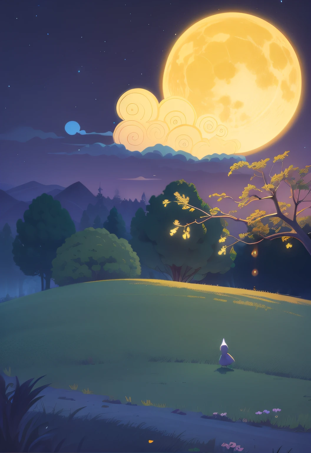 ln the forest,grassy fields,the night,KIDS ILLUSTRATION,cartoony,edgBunny
