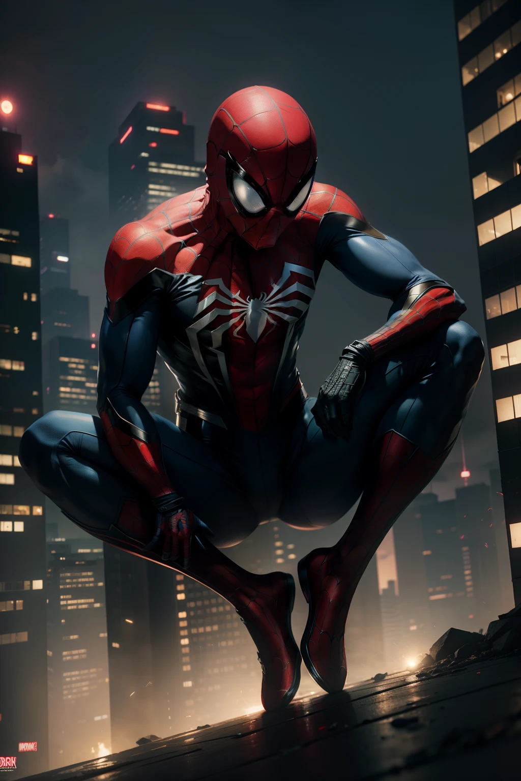 /imagine prompt: ((HD quality)), ((Masterpiece), ((Reality)), realistic, ultra-detailed portrait of Spider-Man sitting alone in a tall building at night, in a cinematic setting, with atmospheric, understated lighting, created at eye level in HD, detailed digital painting, landscape, masterpiece -auto:: --v 4 --auto