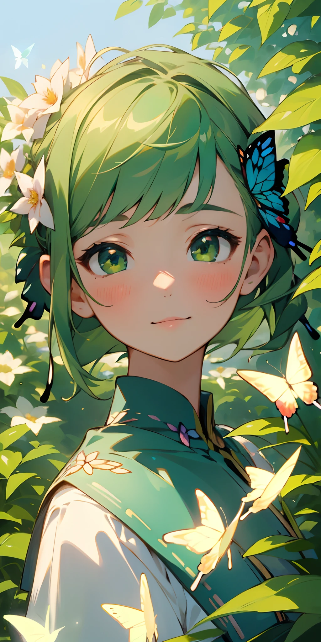 (Best quality, masterpiece, hyper-realism), 1 beautiful and delicate portrait of a girl with a soft and peaceful expression, background scenery with garden with flowers and butterflies flying around, green hair, beautiful smile, butterfly