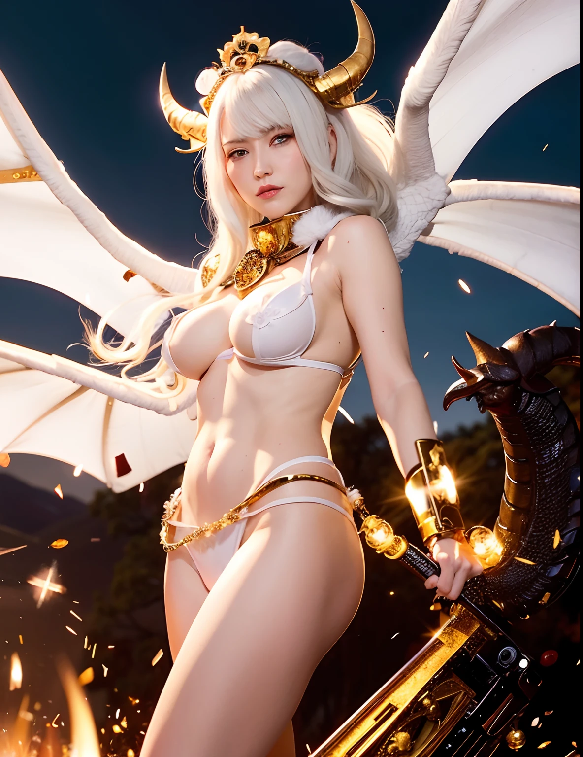 Professional , ​masterpiece、top-quality、photos realistic , depth of fields 、（White Jewel Body:1.９),(Matte White、（cleavage of the breast）、Jewel Gold Weapon、Particles of light、（White Jewel White Body:1.４),Gorgeous gold weapons ,（（ Dragon dense and gorgeous dragon sword）） , （demonic wings）   ,warhammer 40k 、（（White hair））、（Castle background）、（demonic wings）、（（Gangle's forest background））、Beautiful Caucasian beauty、１a person、dynamic ungle,(((Two devil's horns on the head)))、Smaller head、Idle Smile、Thin and beautiful female hands、cleavage of the breast、Mystical expression、Light Effects、intense fighting、Wind-effect、magic circles、With the legendary magic wand、Dragon's tail、