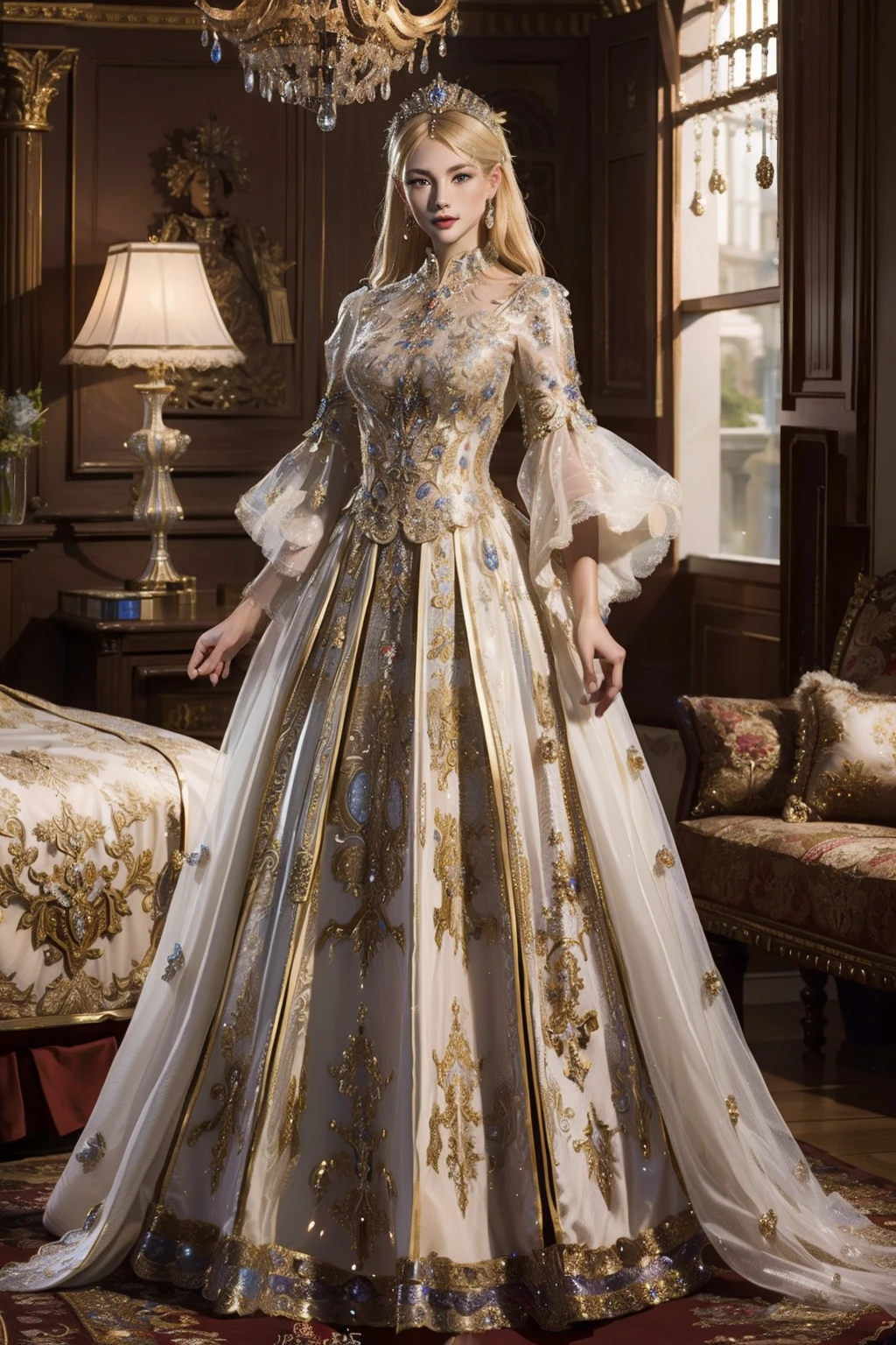 ((top-quality、​masterpiece、photographrealistic:1.4、in 8K))、Beautuful Women、18year old、Beautiful expression、a blond、extremely detailed eye and face、beatiful detailed eyes、Formal Gloves、（Luxury dress printed with gorgeous red la in medieval European style、Headdress in the style of medieval Europe)、Luxury accessories、（Luxurious bedroom in a European-style castle）、Glass shoes、Cinematic lighting、Textured skin、Super Detail、high detailing、High quality、hight resolution、Looking at Viewer、Elegant smile、Full body、europian